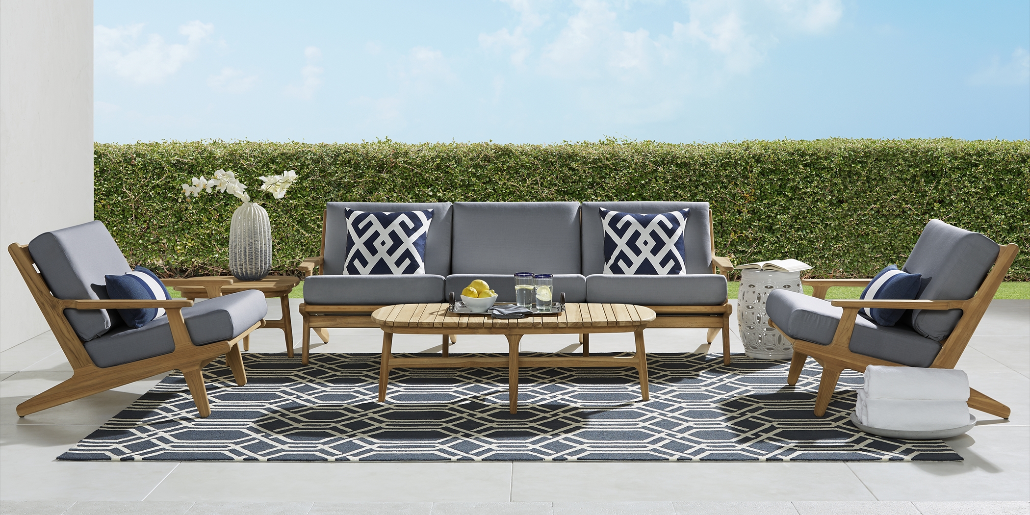 Cindy Crawford Home Sydney Teak 5 Pc Outdoor Seating Set with Denim Cushions - Thumbnail - Image 1