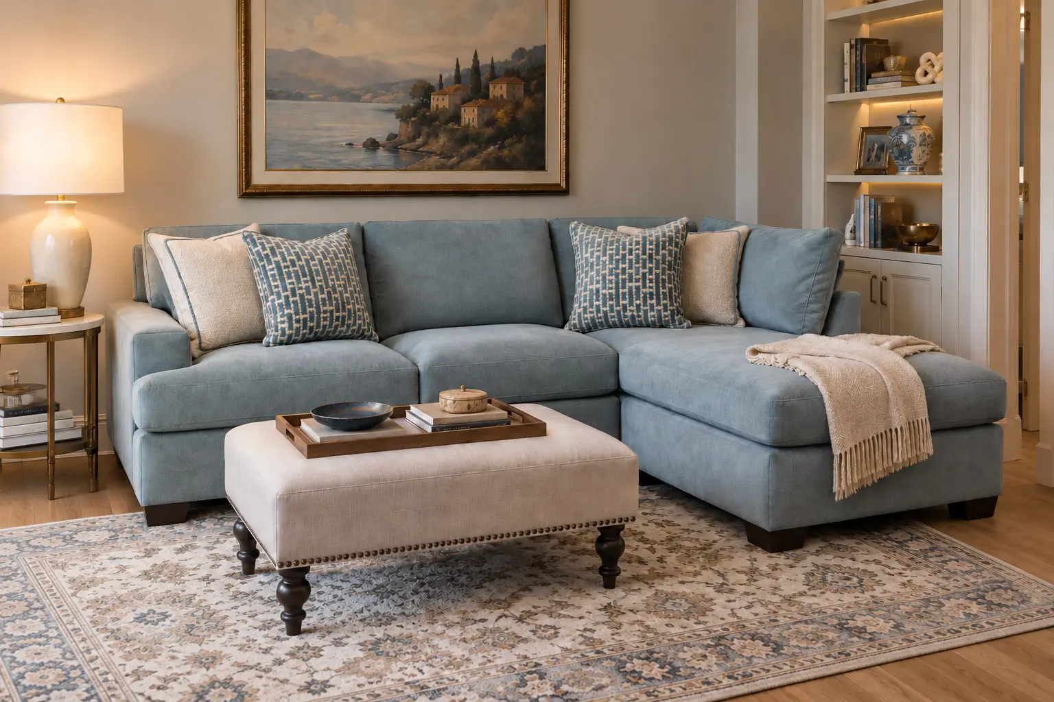 A light blue sectional sofa with patterned throw pillows, a cream ottoman, and a landscape painting in a living room.