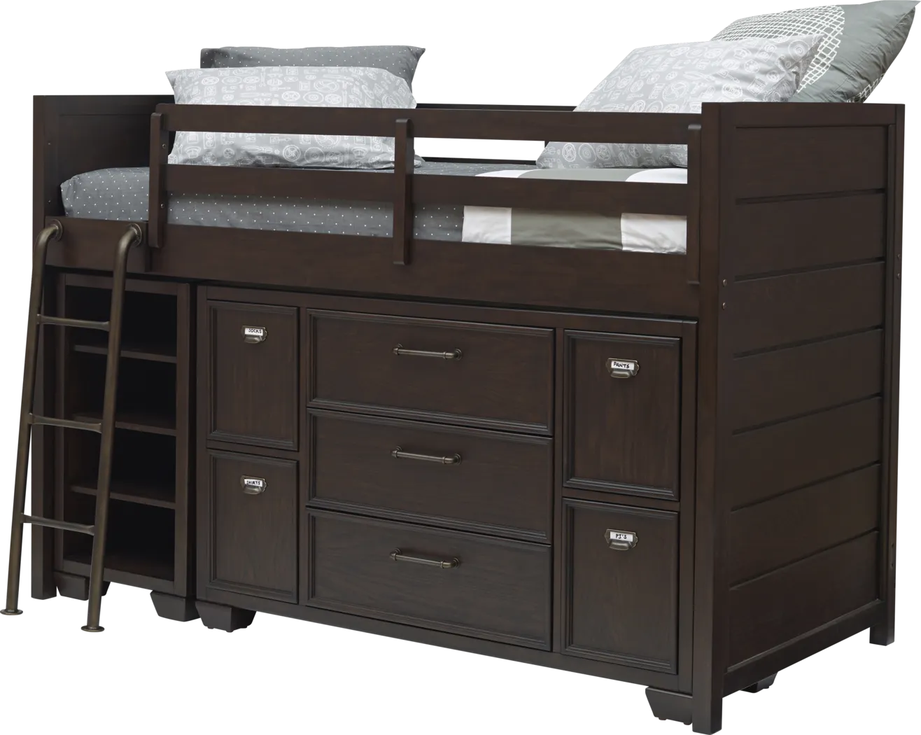 Clubhouse Chocolate Twin Jr. Loft Bed with Bookcase & Dresser - Thumbnail - Image 1