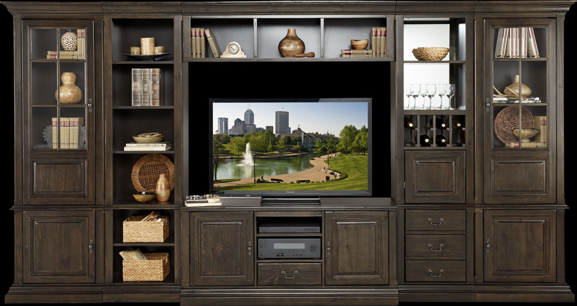 Cole Valley Walnut 6 Pc Wall Unit with Bar Pier and Display Piers - Thumbnail - Image 2