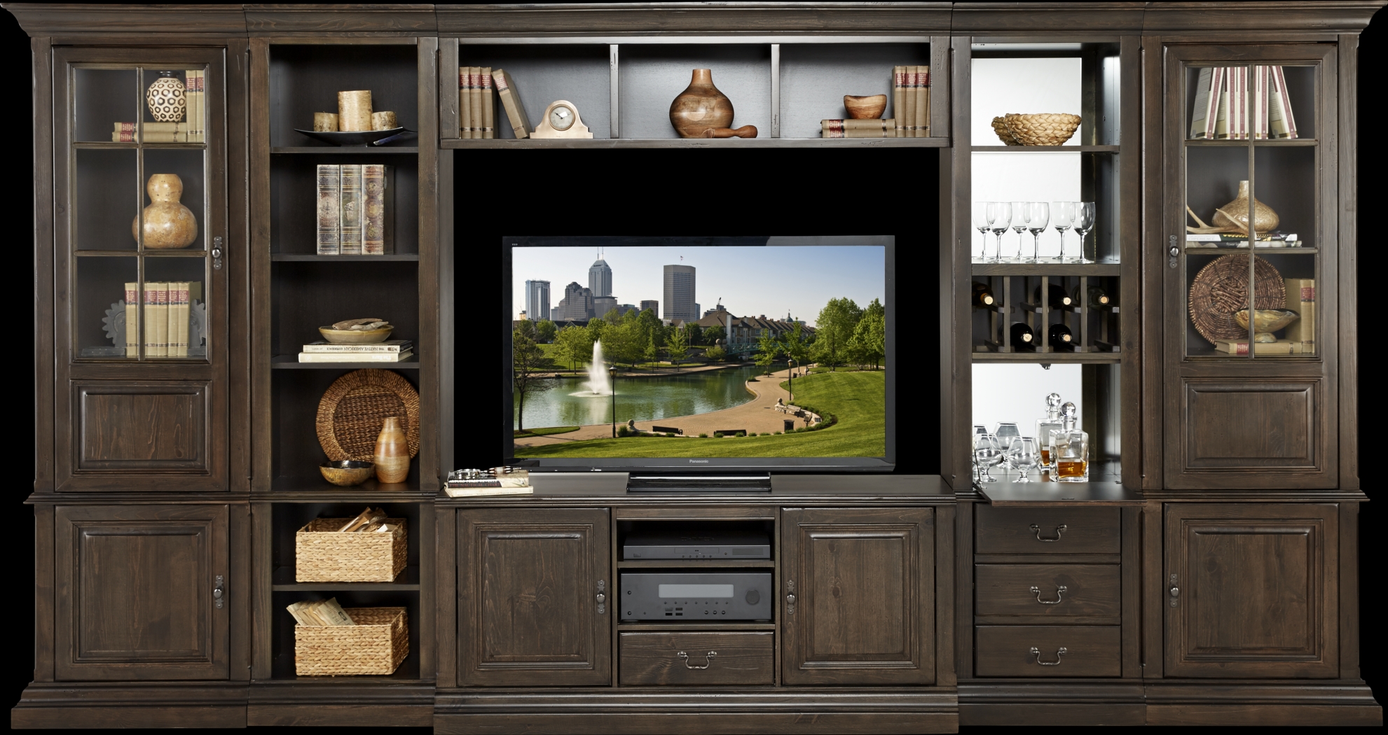 Cole Valley Walnut 6 Pc Wall Unit with Bar Pier and Display Piers - Thumbnail - Image 1