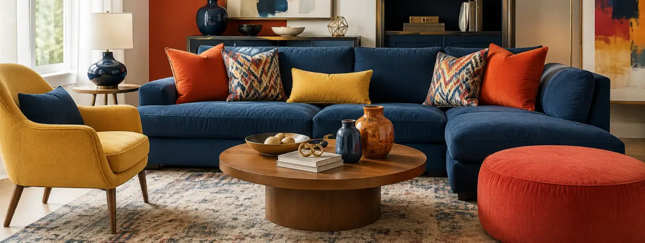 A modern living room featuring a navy blue sectional sofa, a yellow armchair, a round wooden coffee table, and an ottoman.