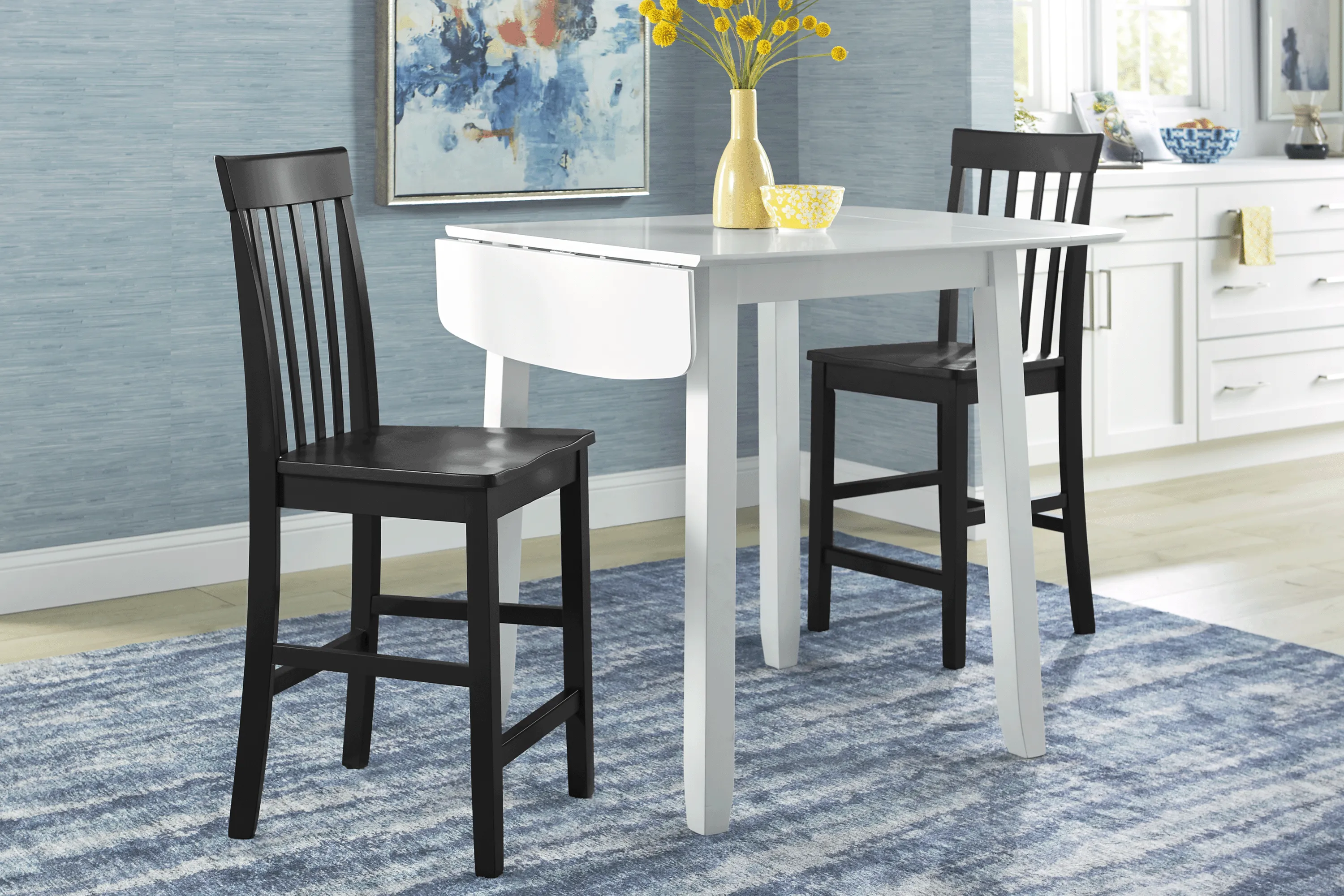 Concord White 3 Pc Counter Height Drop Leaf Dining Room with Black Slat Back Stools - Thumbnail - Image 2