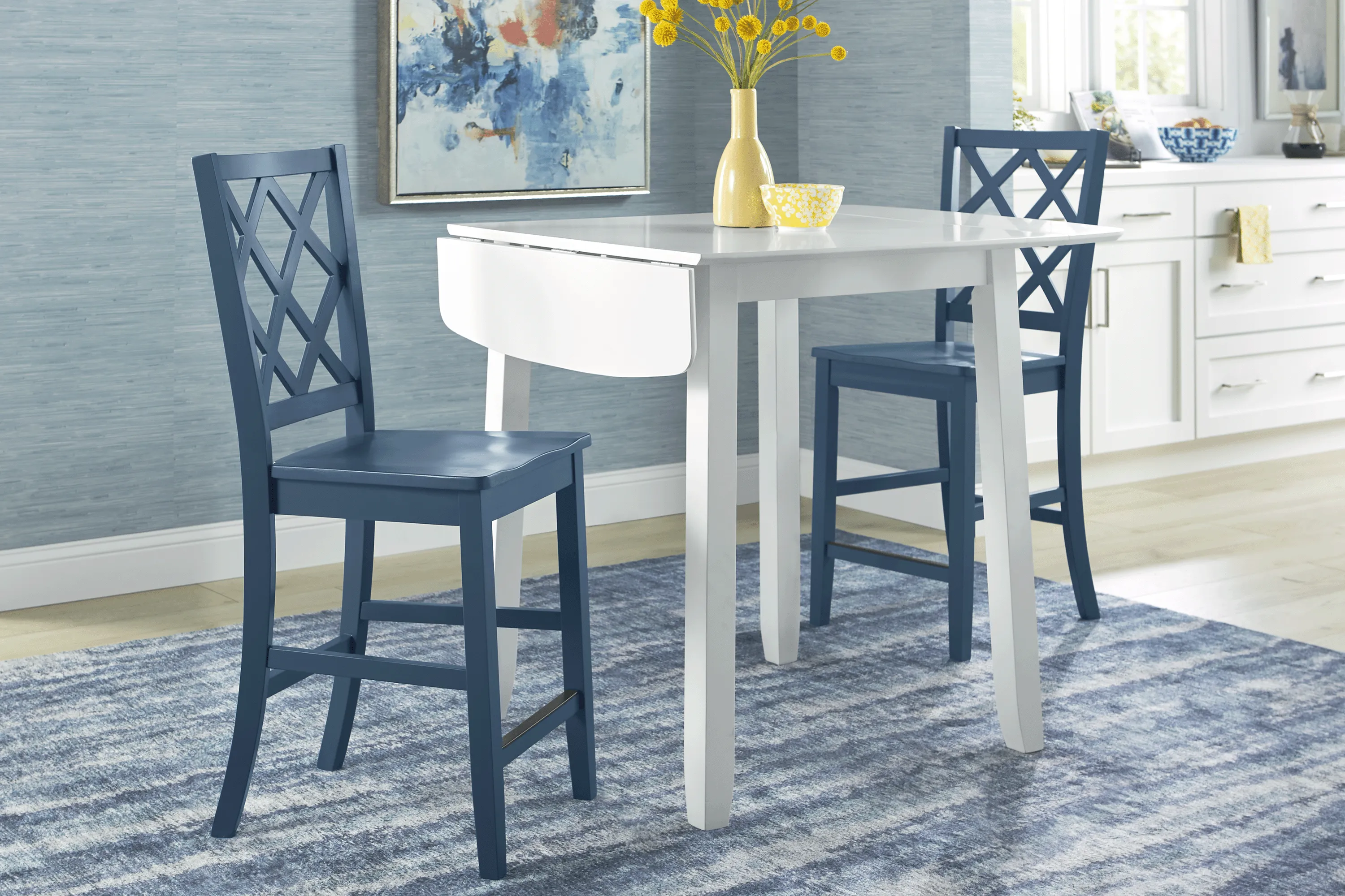 Concord White 3 Pc Counter Height Drop Leaf Dining Room with Blue Diamond Back Stools - Thumbnail - Image 2