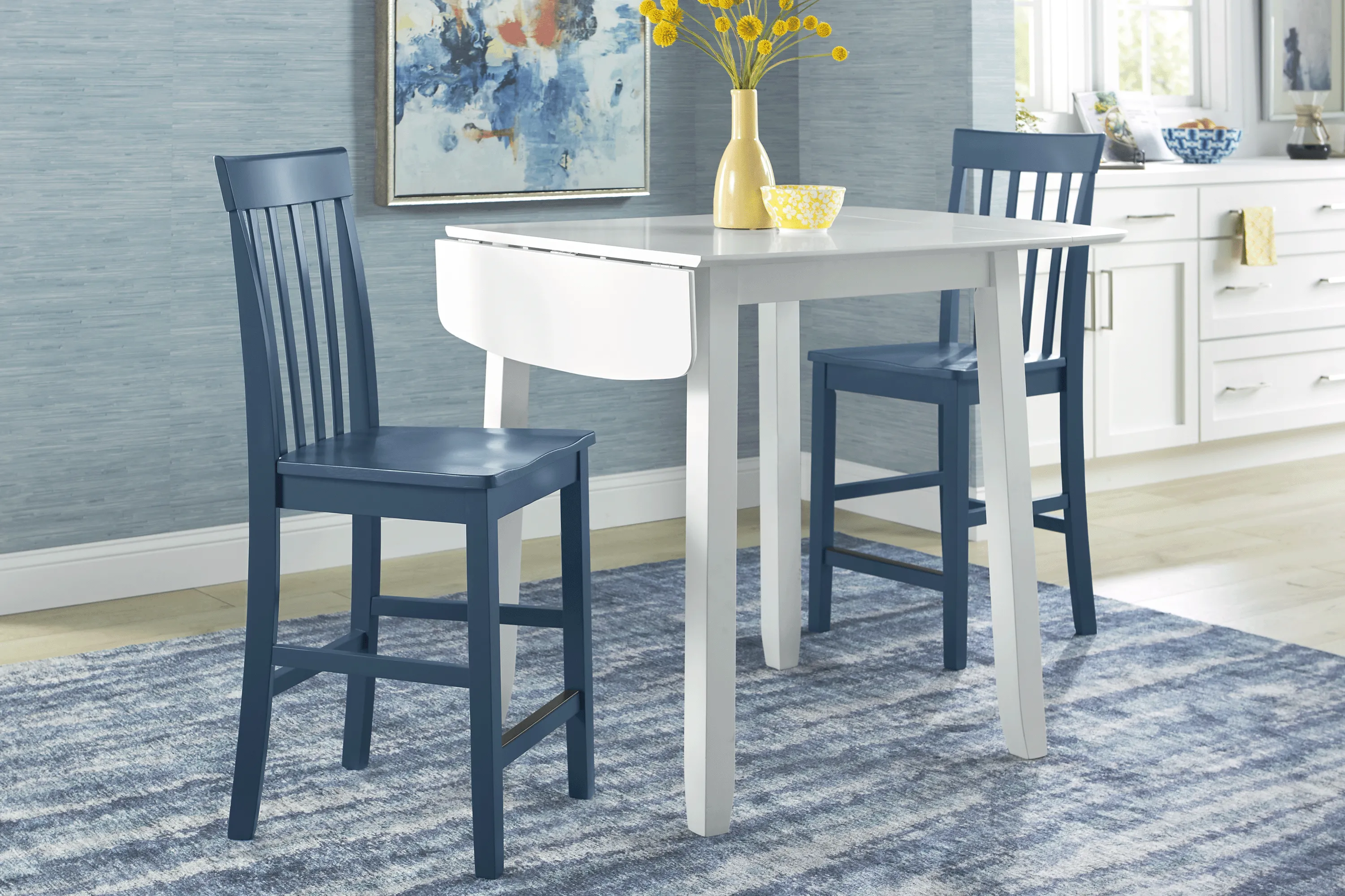 Concord White 3 Pc Counter Height Drop Leaf Dining Room with Blue Slat Back Stools - Thumbnail - Image 2