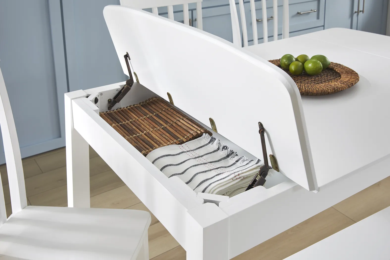 Concord White 5 Pc Storage Dining Room with Blue Slat Back Chairs - Thumbnail - Image 7