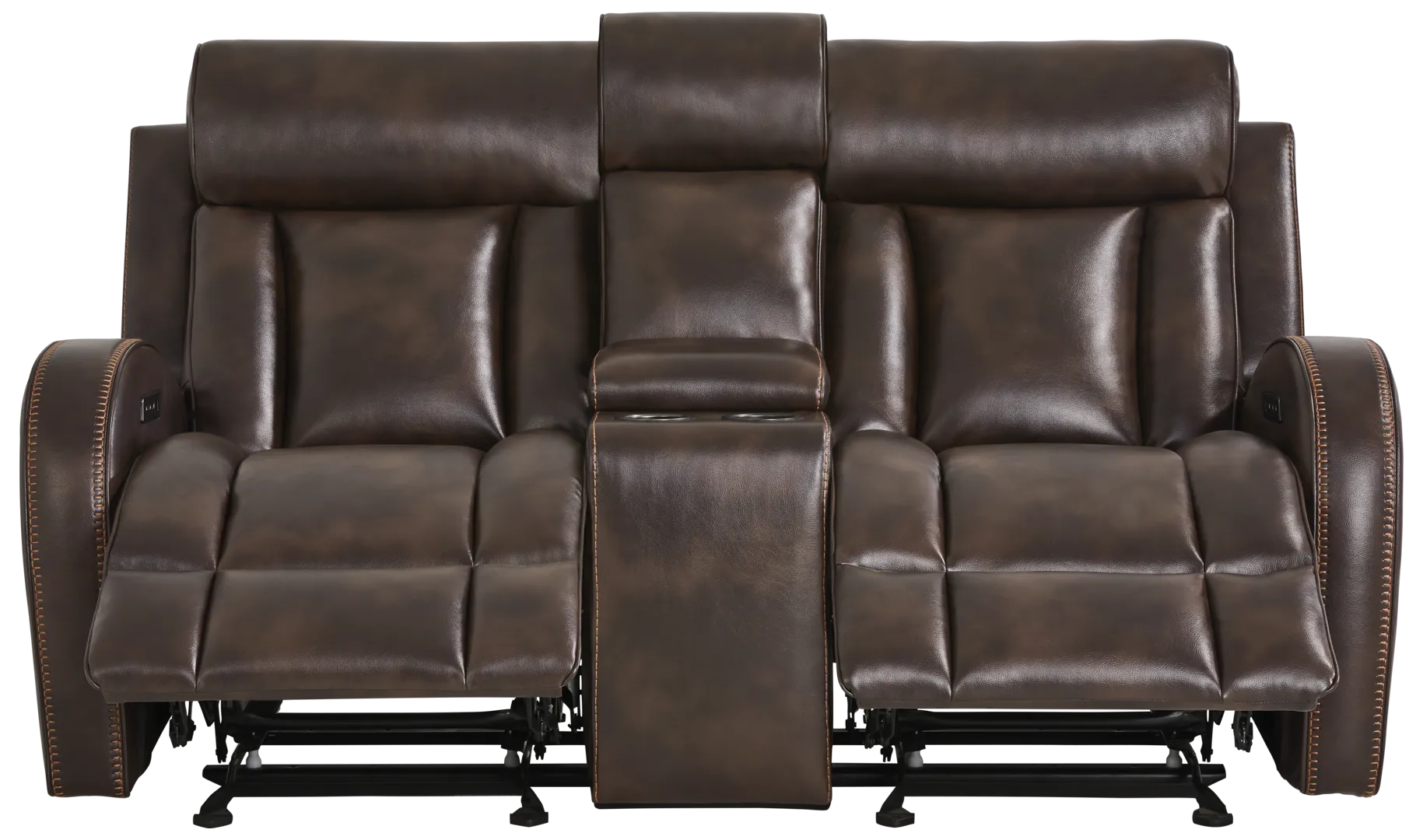 brown dual power reclining console loveseat