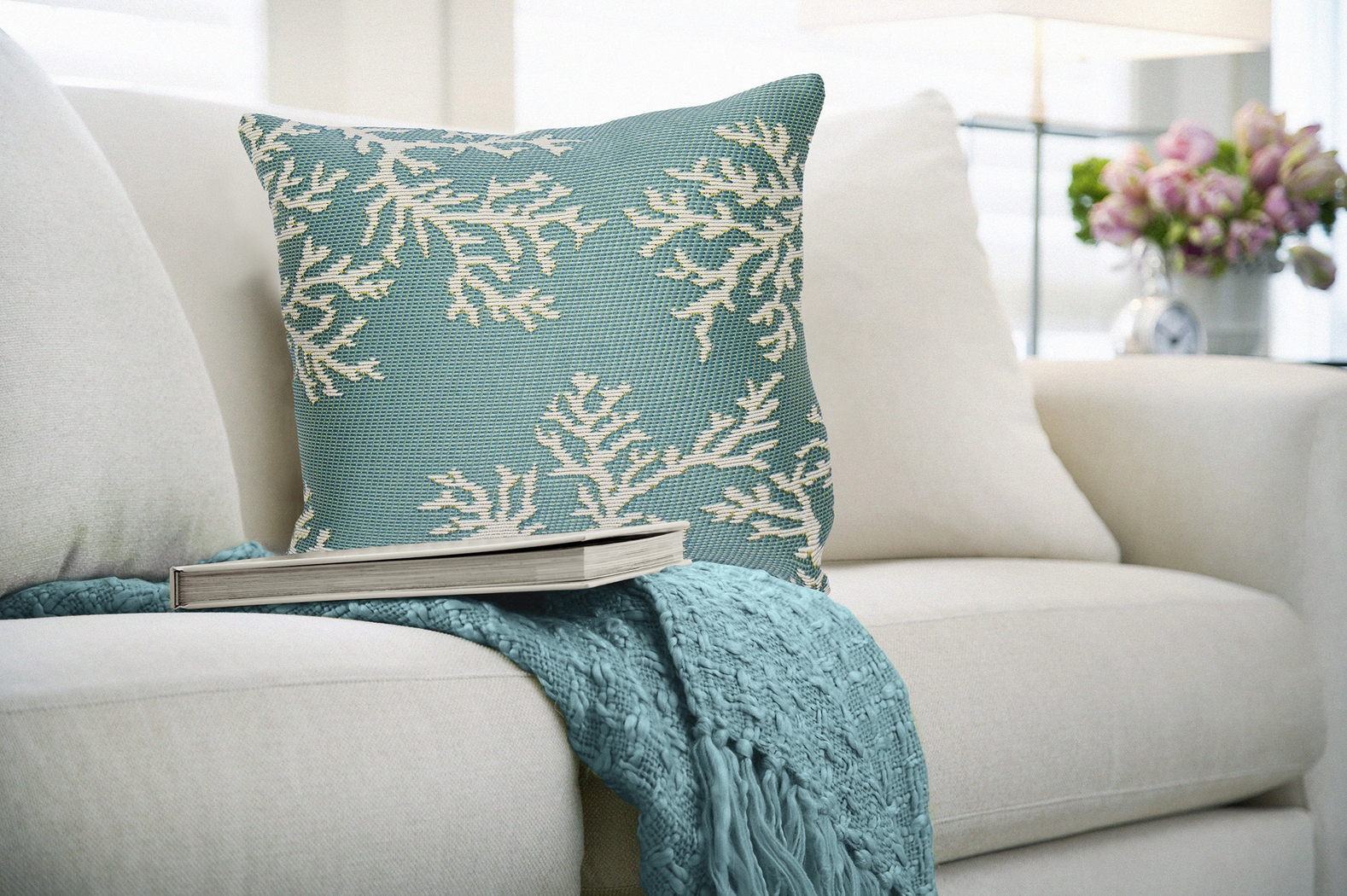 Coral Blossom Aqua Indoor/Outdoor Accent Pillow - Thumbnail - Image 2