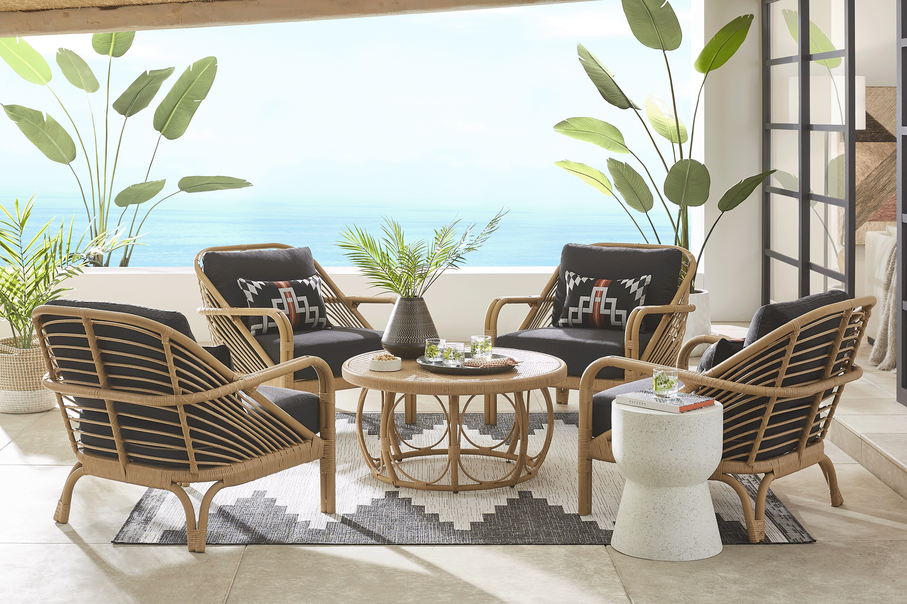 Coronado Sandstone 5 Pc Round Outdoor Chat Seating Set with Charcoal Cushions - Thumbnail - Image 1