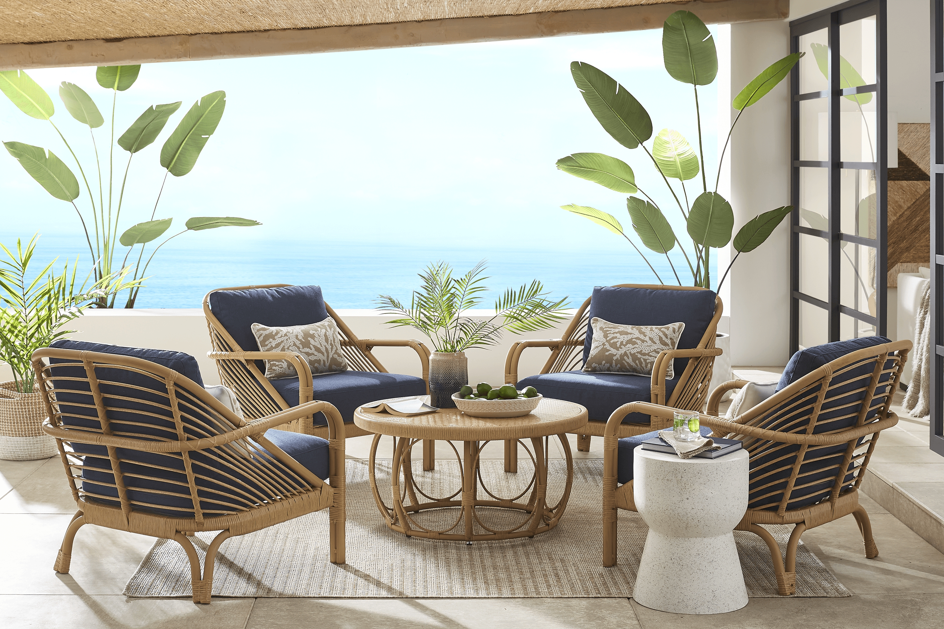 Coronado Sandstone 5 Pc Round Outdoor Chat Seating Set with Indigo Cushions - Thumbnail - Image 1