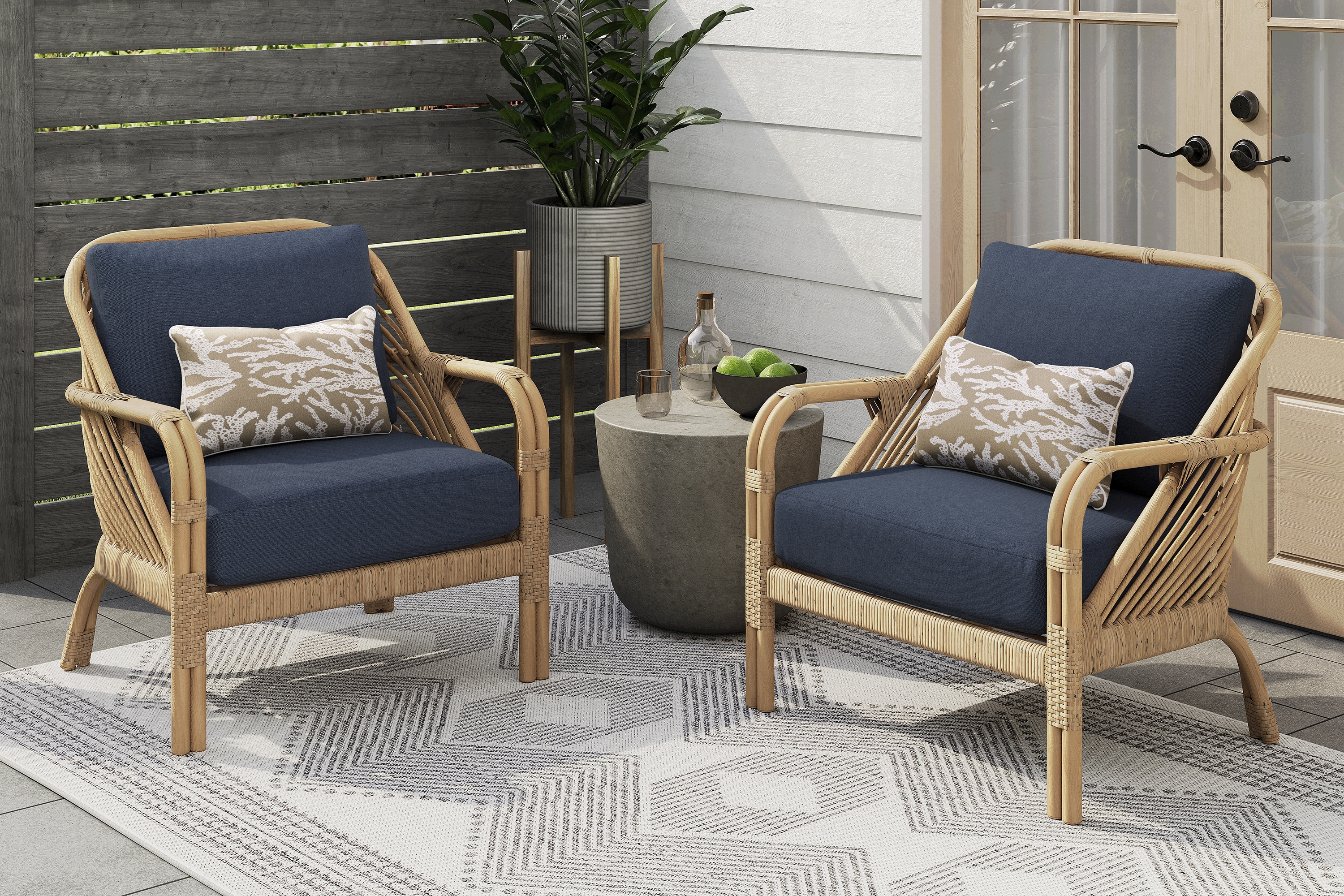 Coronado Sandstone Outdoor Chat Chair with Indigo Cushions, Set of 2 - Thumbnail - Image 1