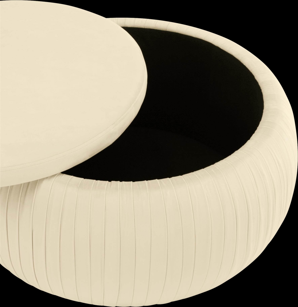 CosmoLiving Pleated Sapphire Round Velvet Storage Ottoman Cream - Thumbnail - Image 3