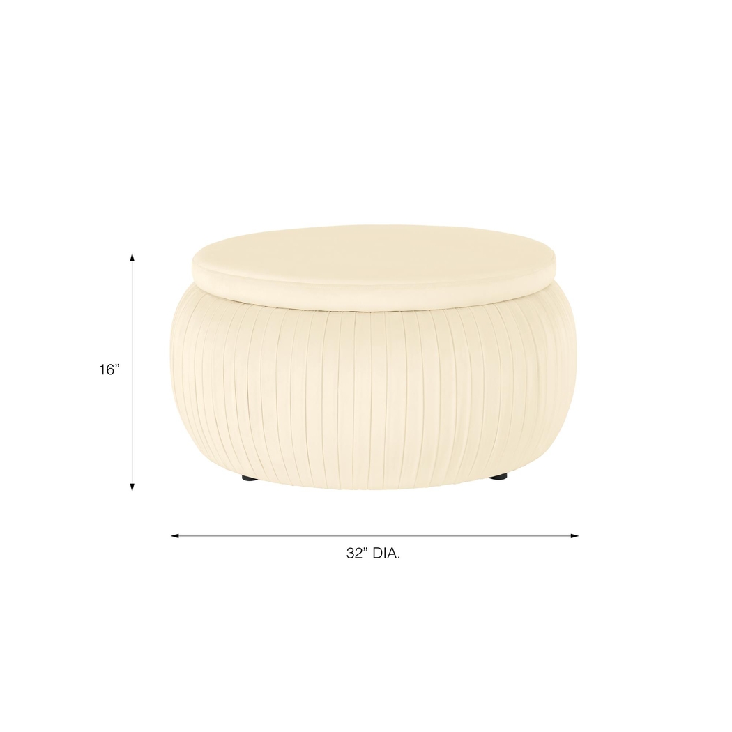 CosmoLiving Pleated Sapphire Round Velvet Storage Ottoman Cream - Thumbnail - Image 6