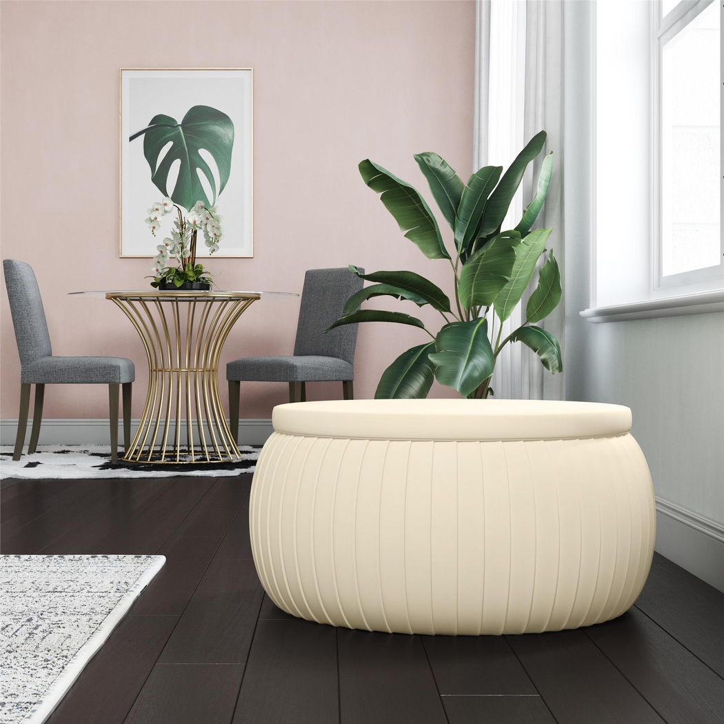 CosmoLiving Pleated Sapphire Round Velvet Storage Ottoman Cream - Thumbnail - Image 7