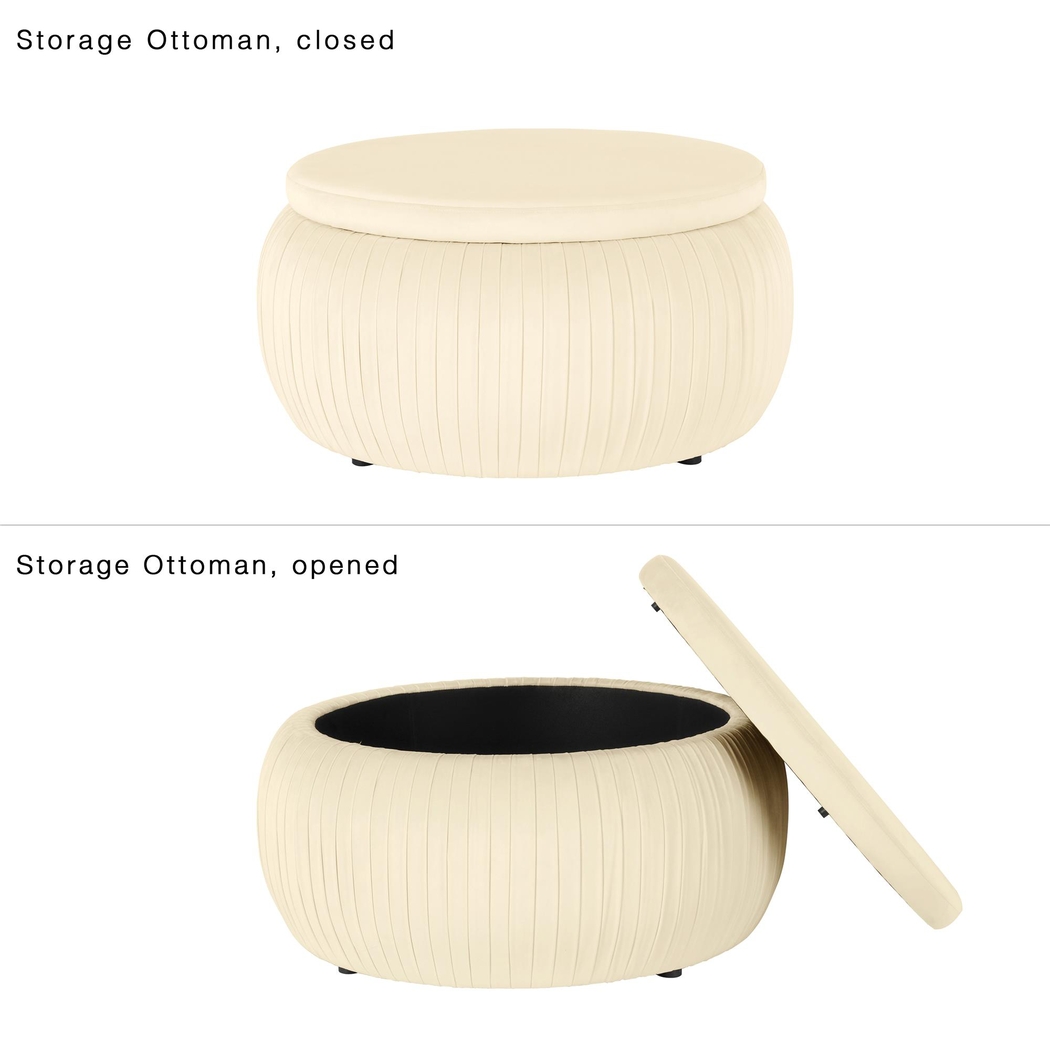 CosmoLiving Pleated Sapphire Round Velvet Storage Ottoman Cream - Thumbnail - Image 8