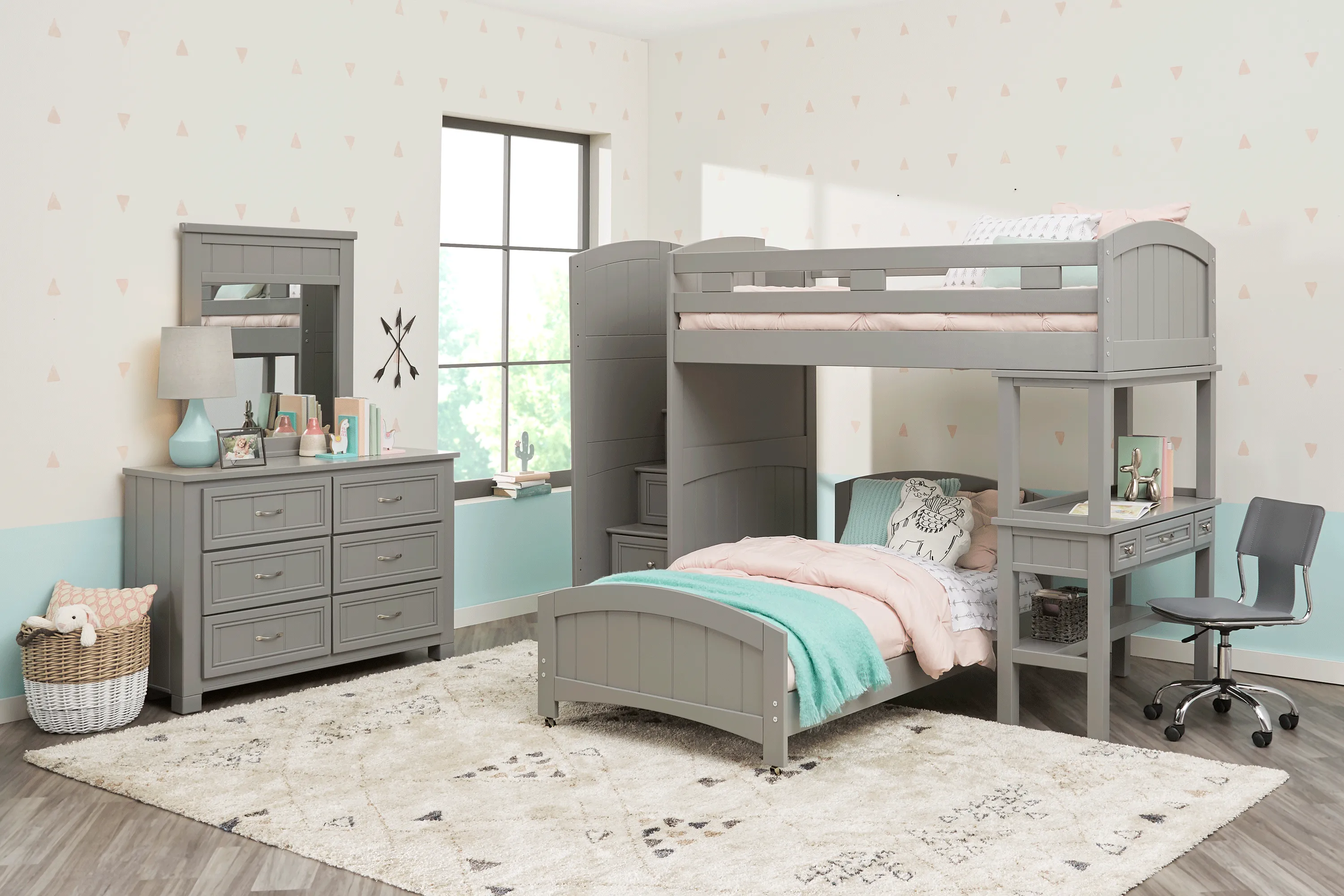 Kids Cottage Colors Gray Twin/Twin Step Bunk Bed with Desk - Thumbnail - Image 2