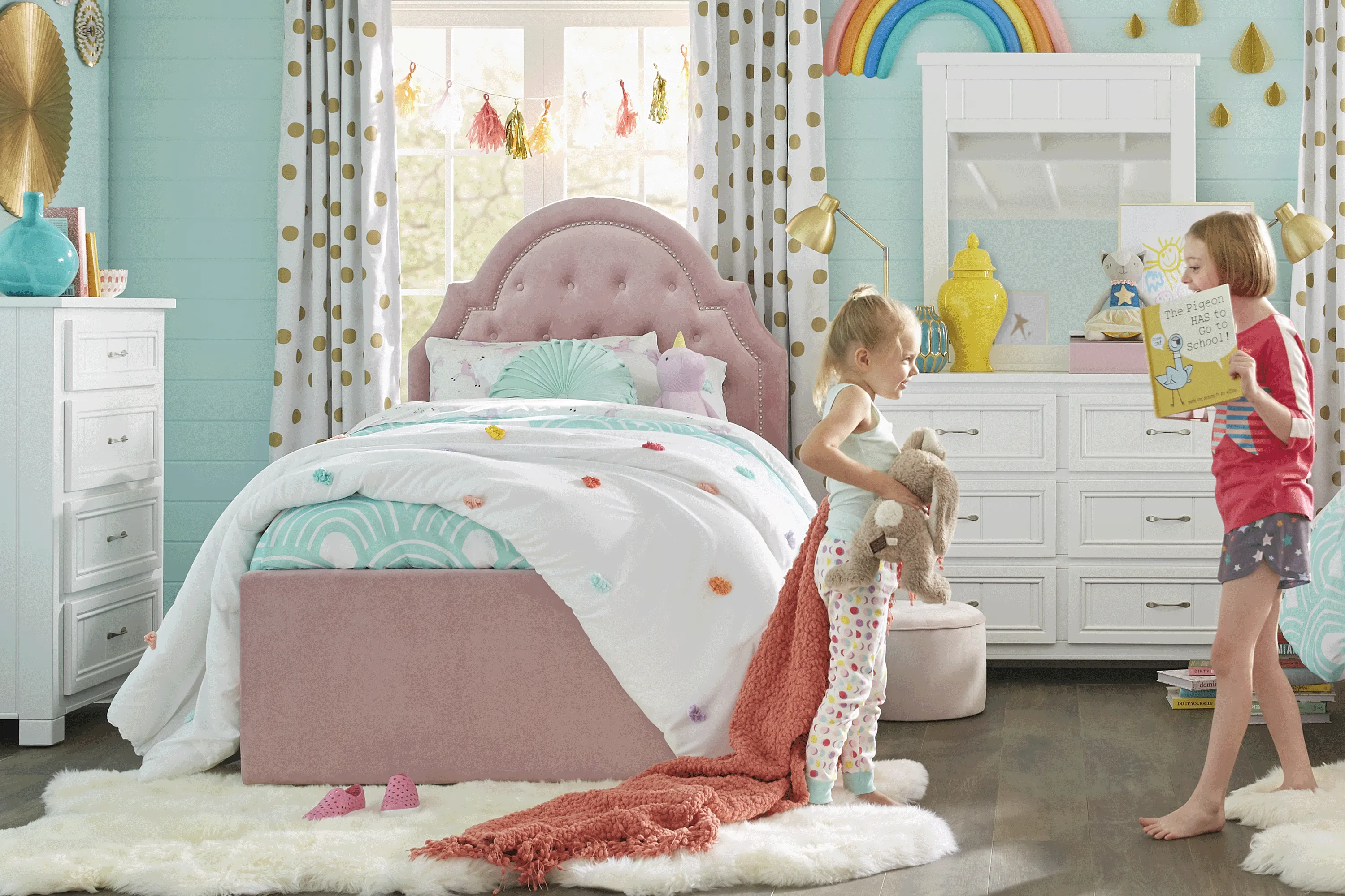 Kids Cottage Colors Pink 5 Pc Twin Bedroom with Upholstered Bed - Thumbnail - Image 1