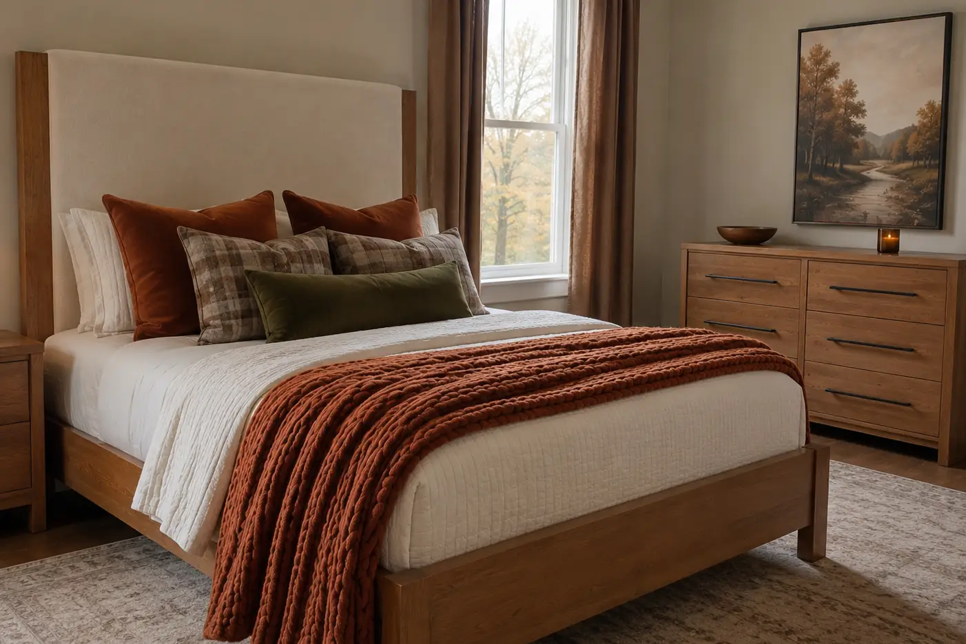 A cozy bedroom featuring a wooden bed frame with a cream headboard, layered with rust-colored pillows and a chunky throw.