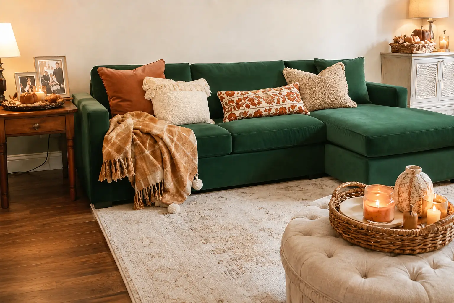 A cozy living room featuring a dark green velvet sectional sofa, a tufted ottoman, and warm autumn-themed decor.