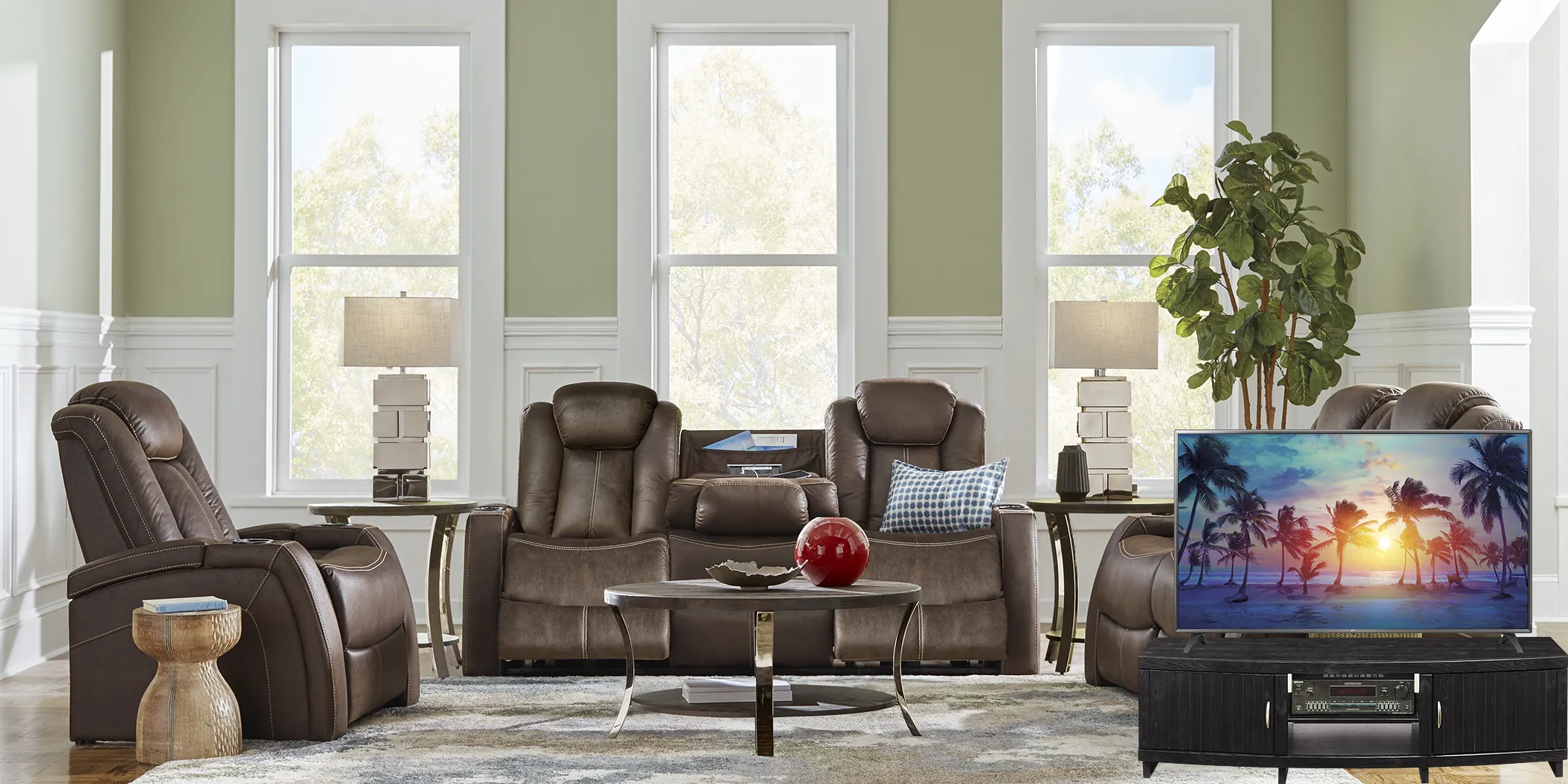 Crestline Brown 6 Pc Living Room with Dual Power Reclining Sofa Plus 70 in. TV - Thumbnail - Image 1