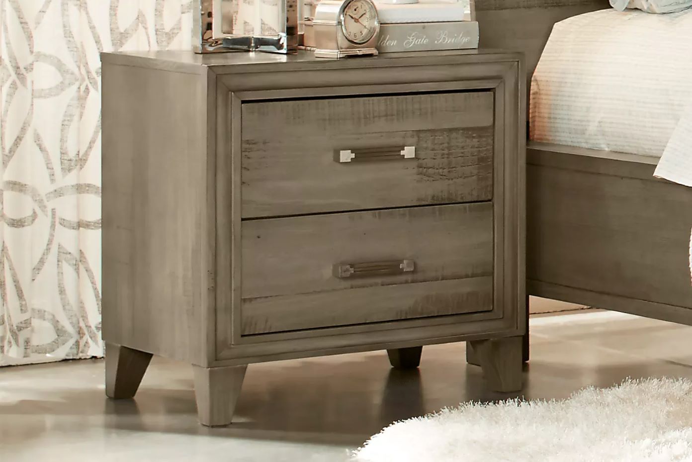 Gray two-drawer nightstand with a rustic finish.
