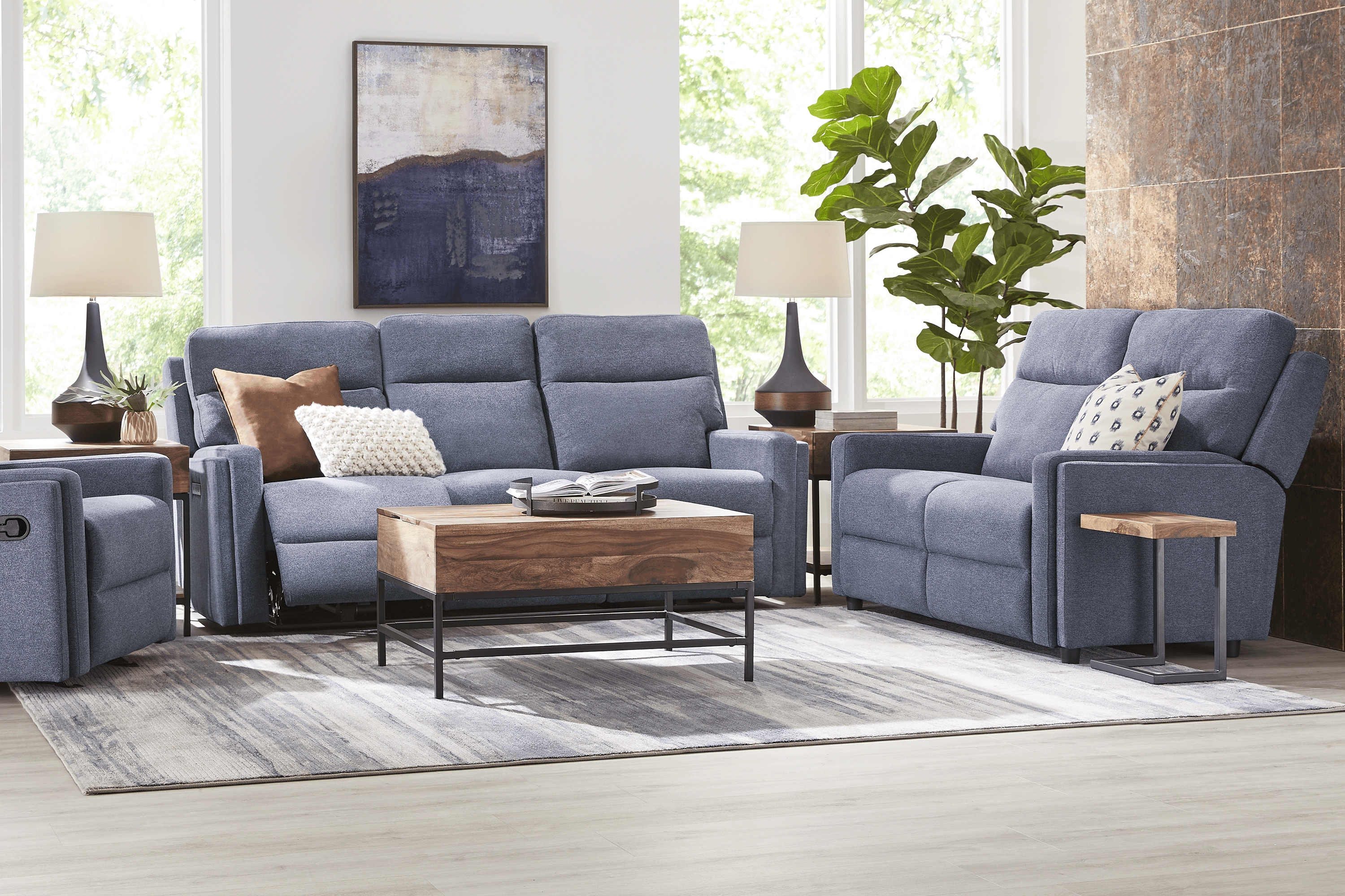 Davis Bay Blue 5 Pc Living Room with Reclining Sofa - Thumbnail - Image 1