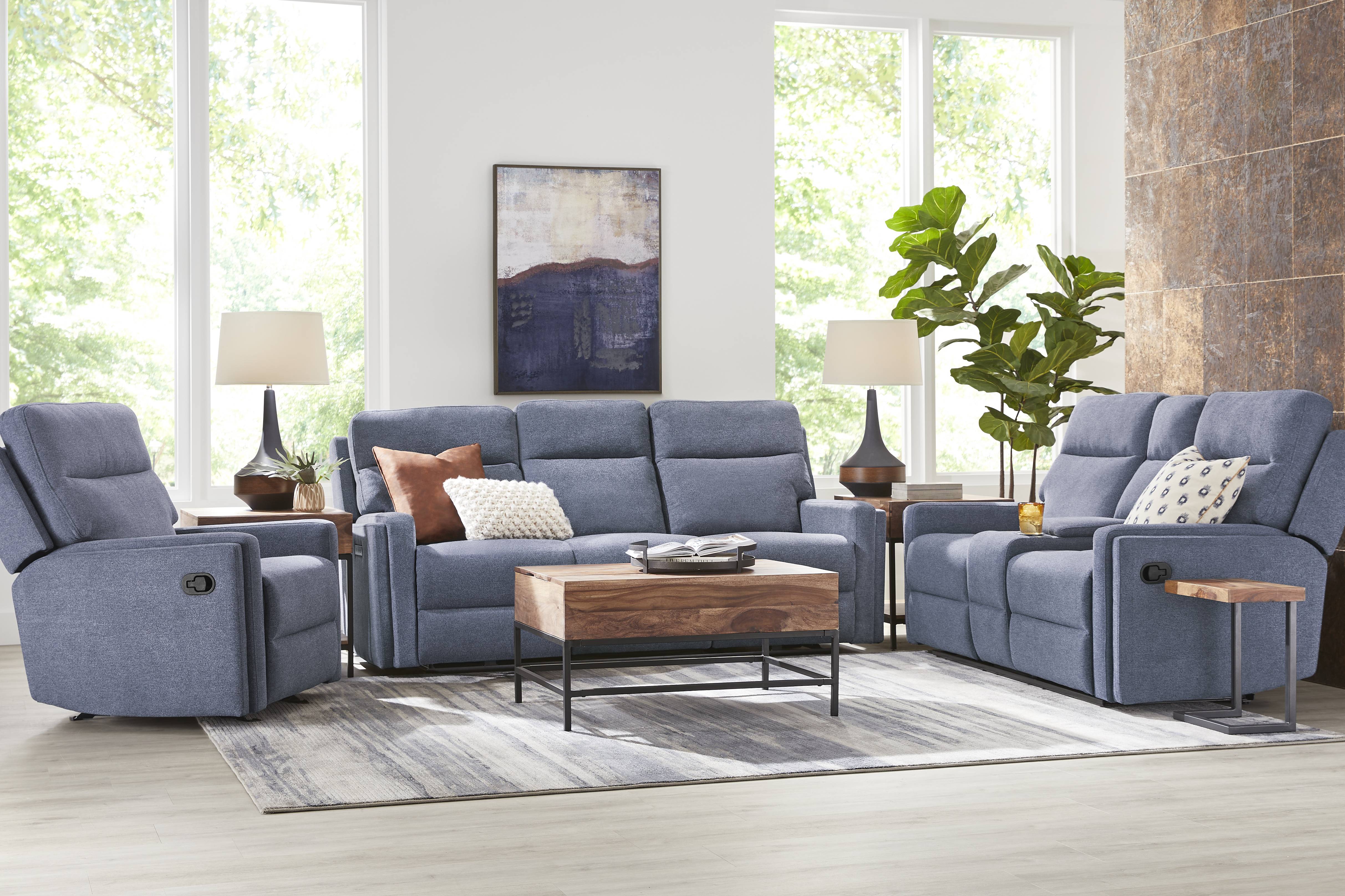 Davis Bay Blue 7 Pc Living Room with Dual Power Reclining Sofa - Thumbnail - Image 1