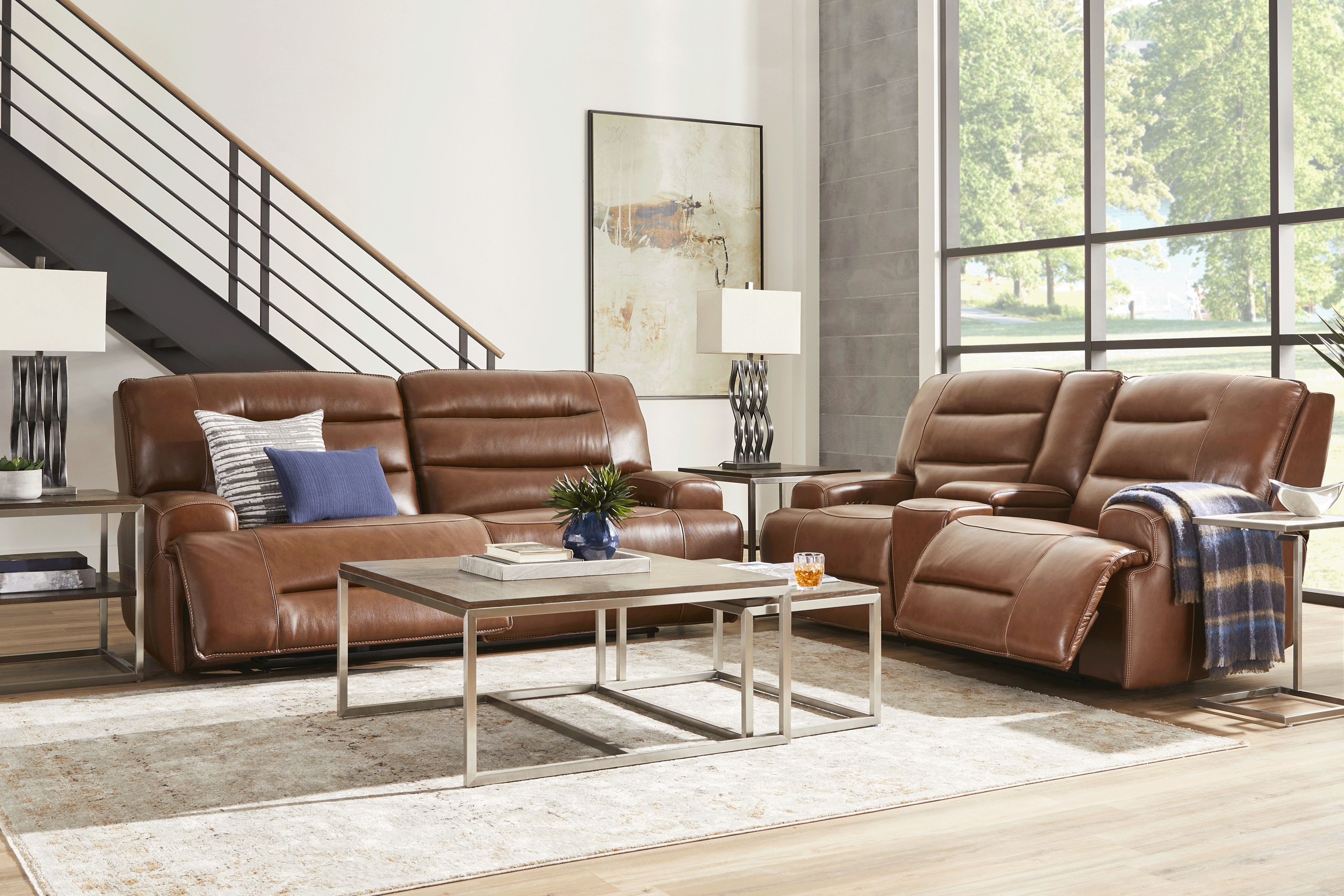 Davoli Caramel Leather 5 Pc Dual Power Reclining Living Room - Thumbnail - Image 1