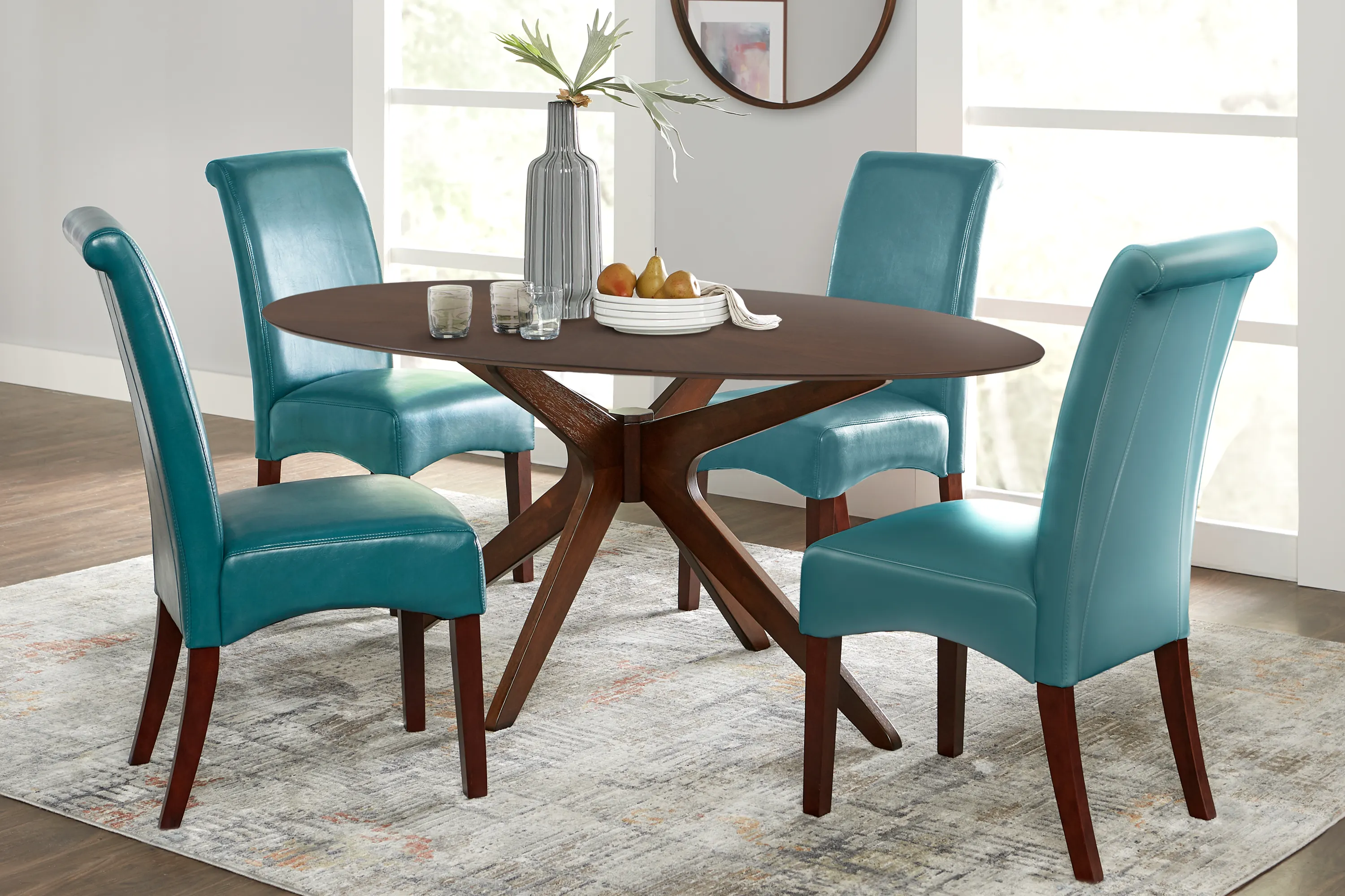 Delmon Walnut 5 Pc Oval Dining Set with Aqua Chairs - Thumbnail - Image 1