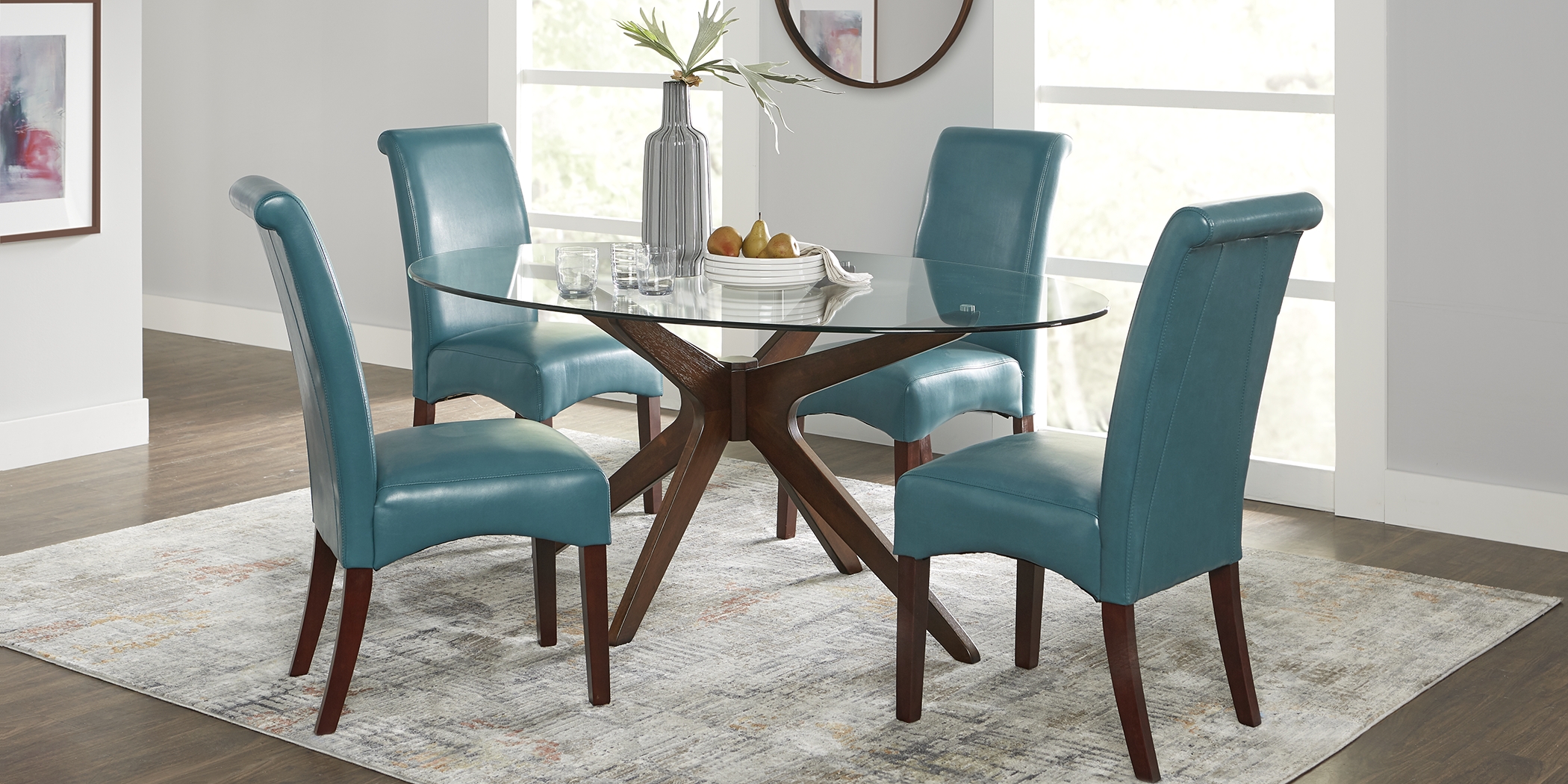 Delmon Walnut 5 Pc Oval Dining Set with Blue Chairs - Thumbnail - Image 1