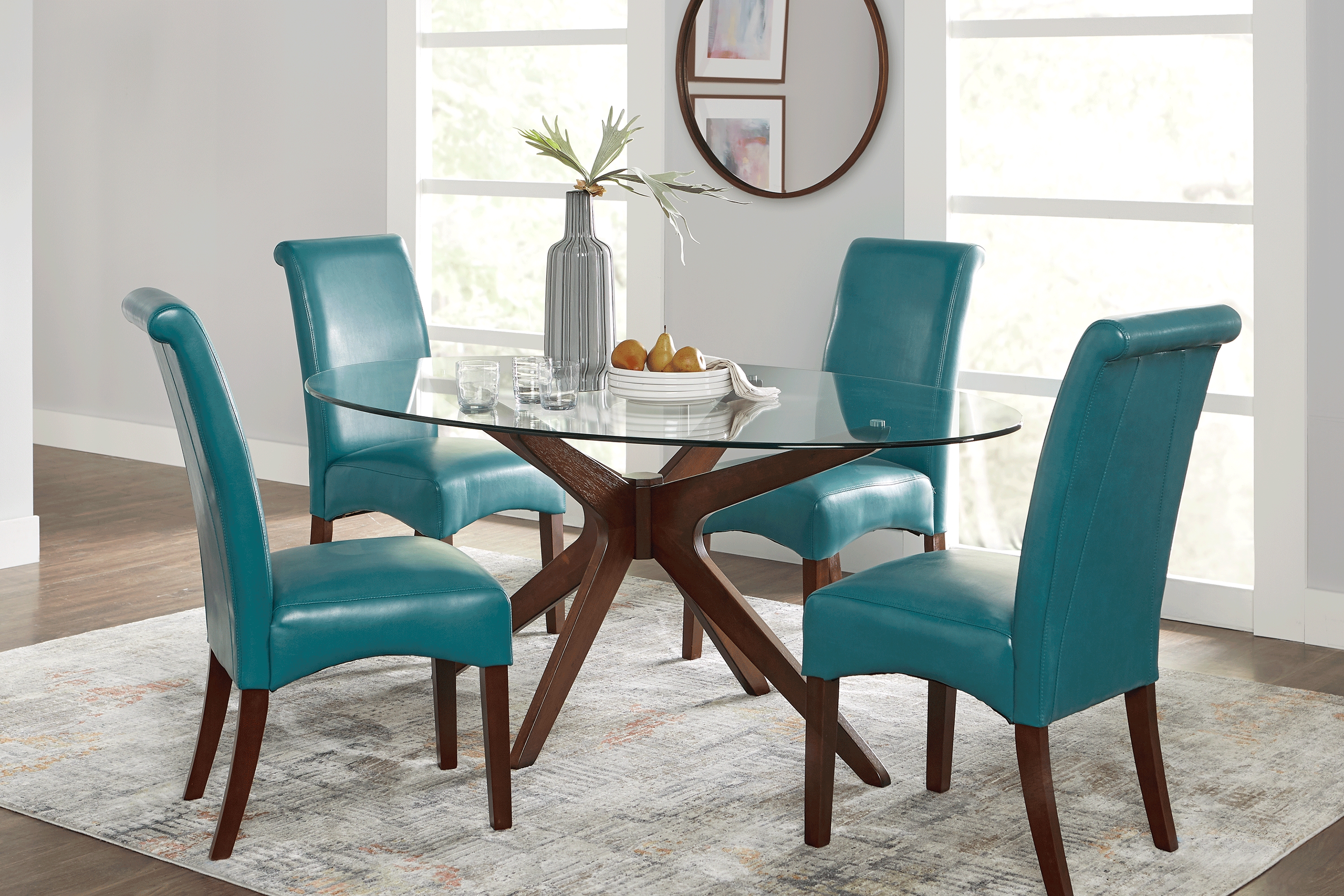 Delmon Walnut 5 Pc Oval Dining Set with Blue Chairs - Thumbnail - Image 1