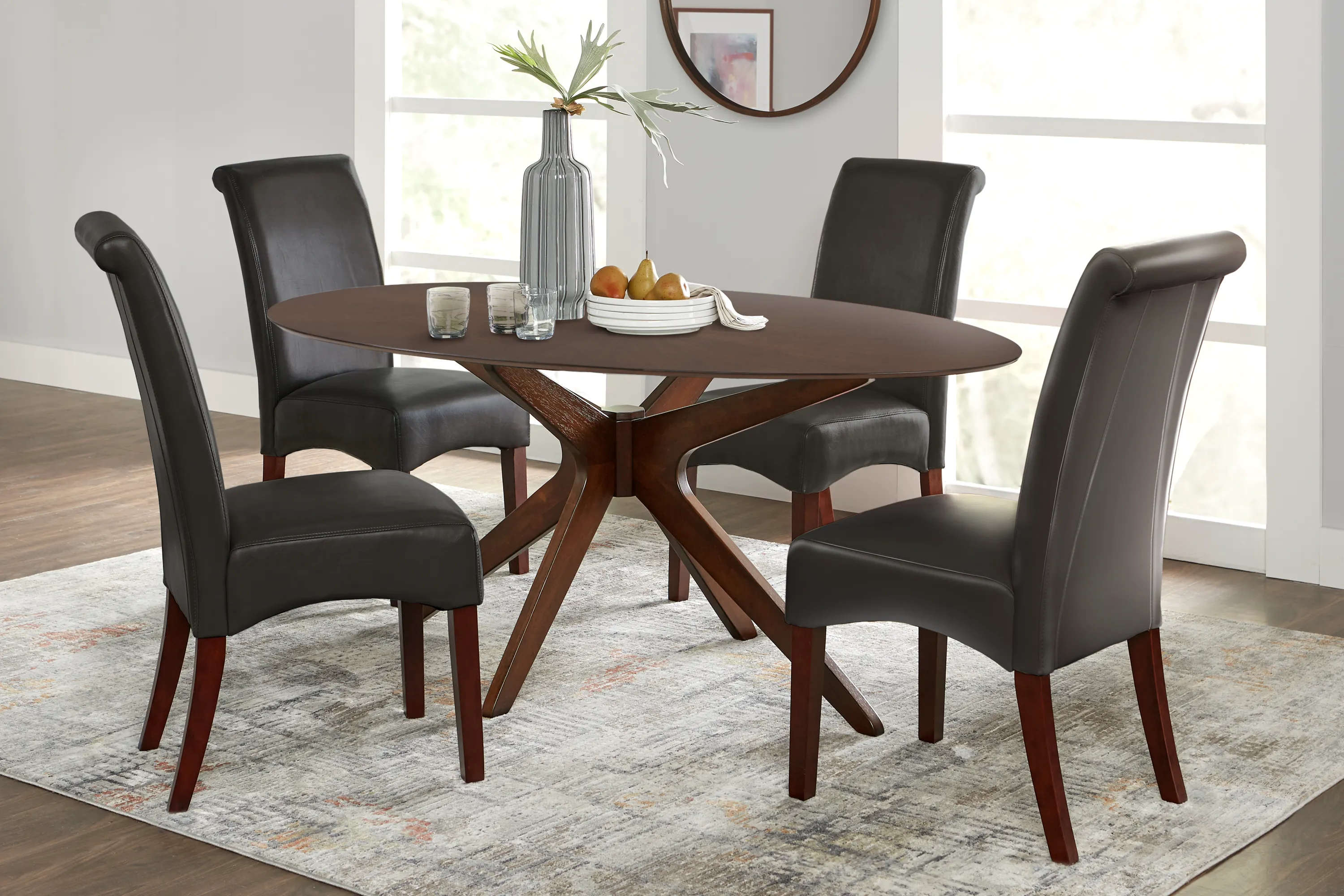 Delmon Walnut 5 Pc Oval Dining Set with Brown Chairs - Thumbnail - Image 1