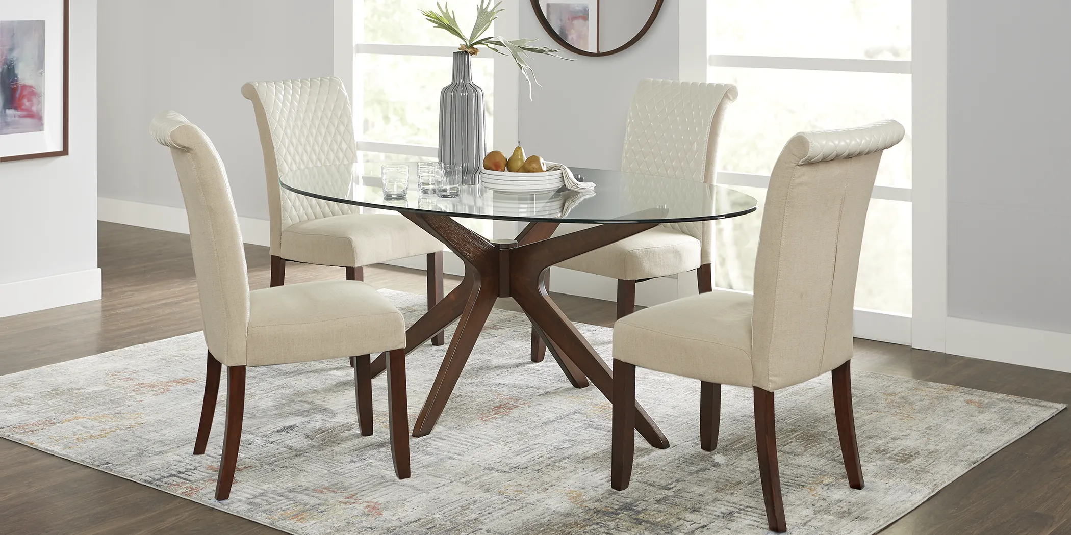 Delmon Walnut 5 Pc Oval Dining Set with Cream Chairs - Thumbnail - Image 1