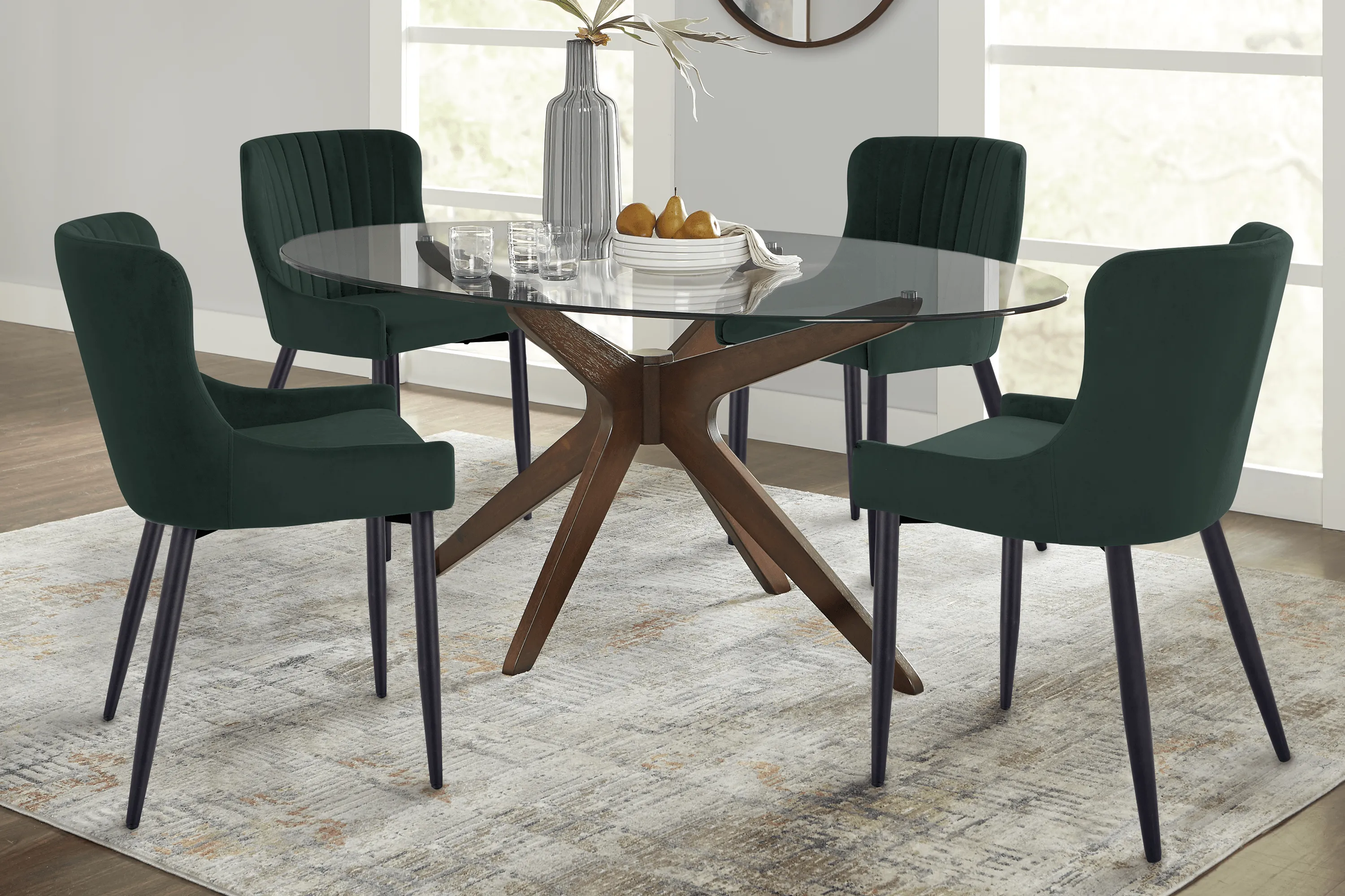 Delmon Walnut 5 Pc Oval Dining Set with Emerald Chairs - Thumbnail - Image 1
