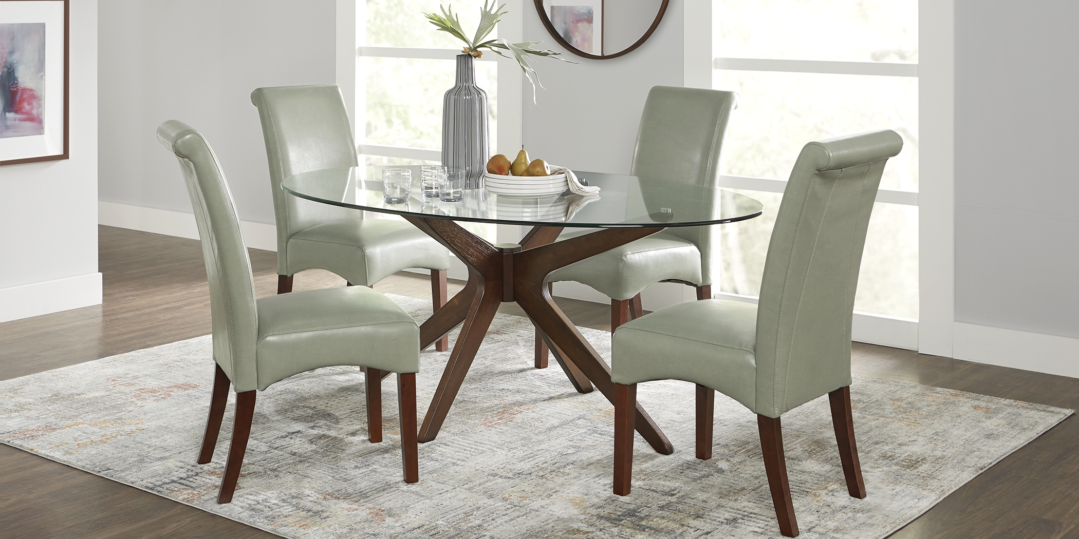 Delmon Walnut 5 Pc Oval Dining Set with Green Chairs - Thumbnail - Image 1