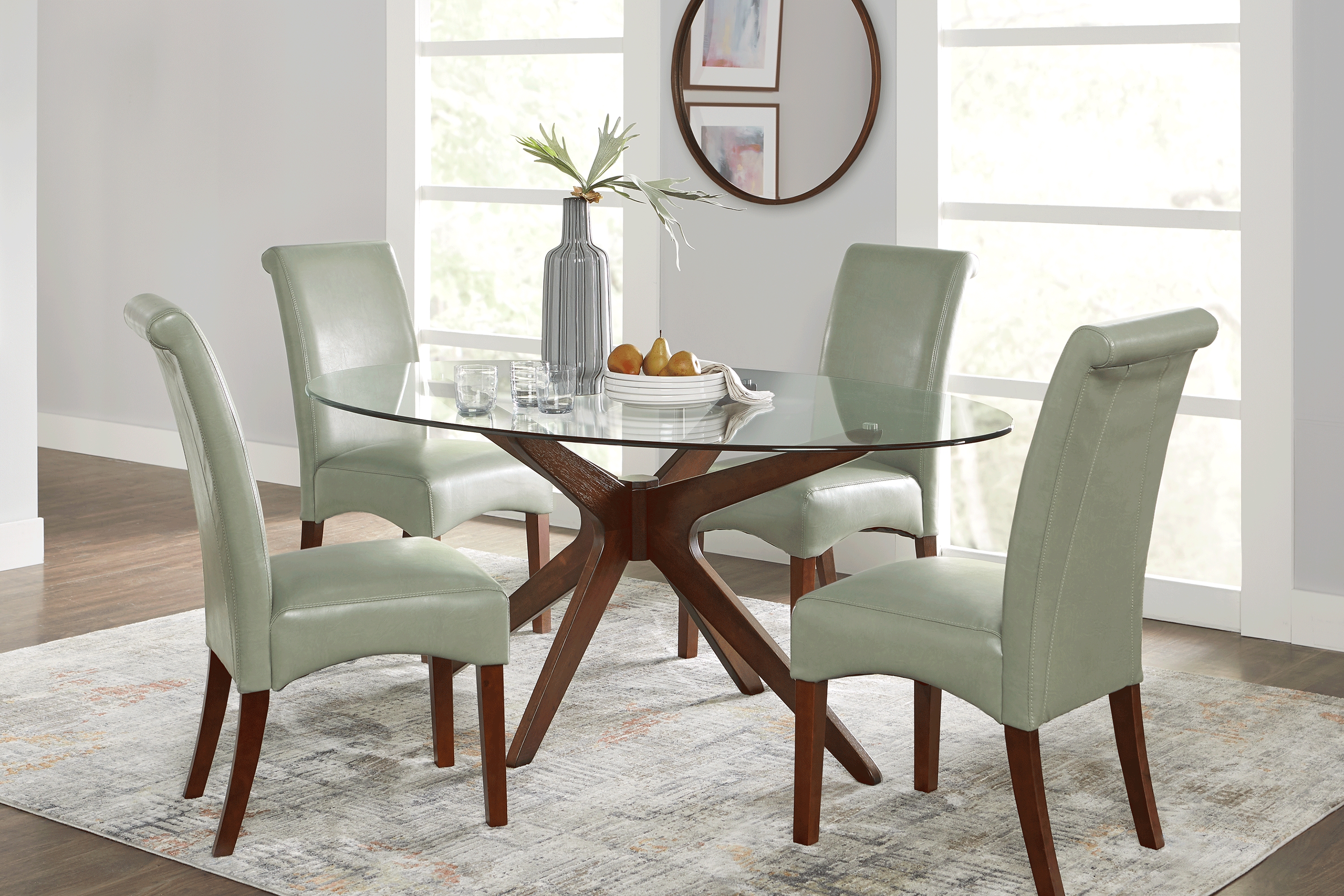 Delmon Walnut 5 Pc Oval Dining Set with Green Chairs - Thumbnail - Image 1