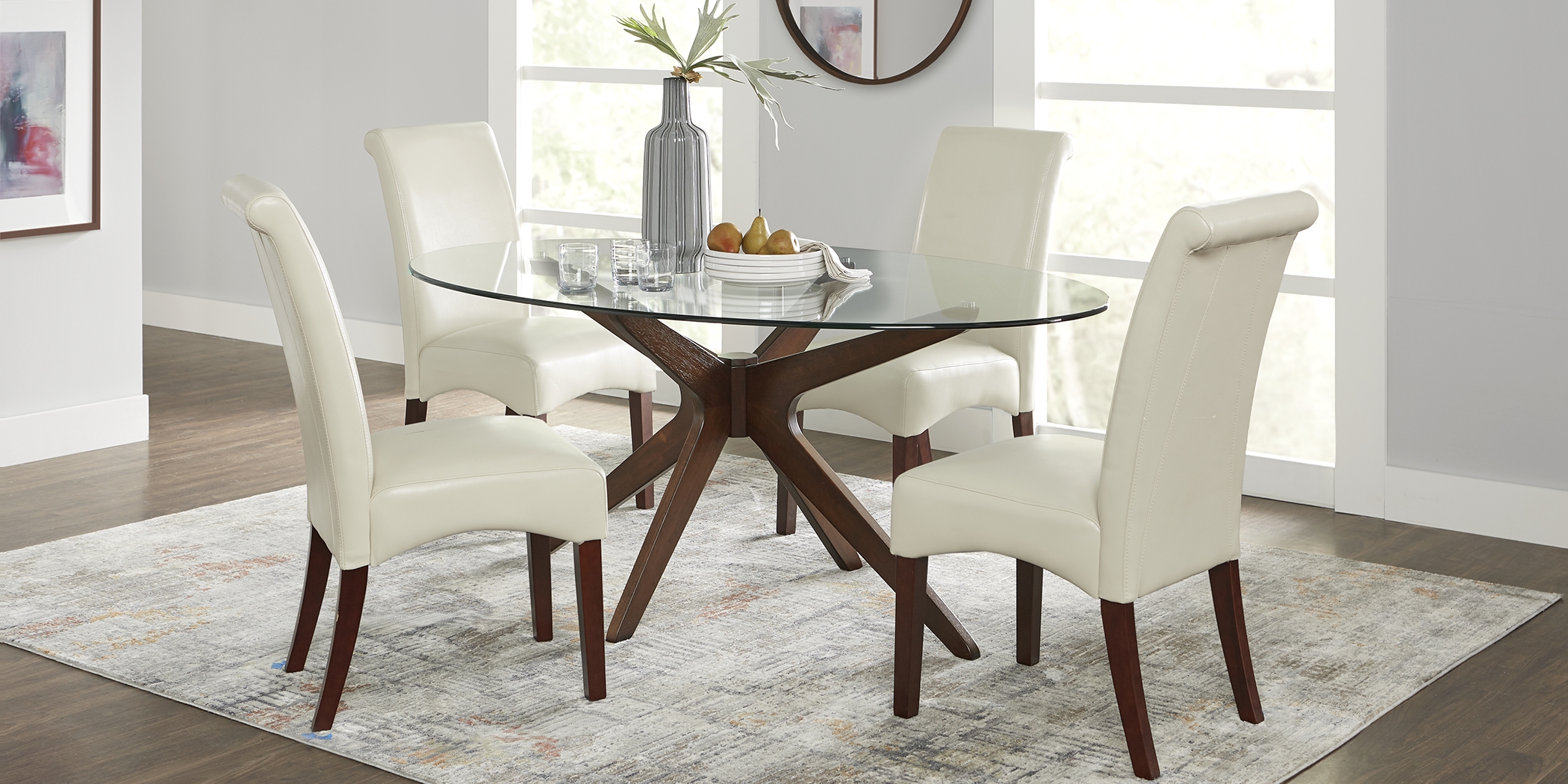 Delmon Walnut 5 Pc Oval Dining Set with Ivory Chairs - Thumbnail - Image 1