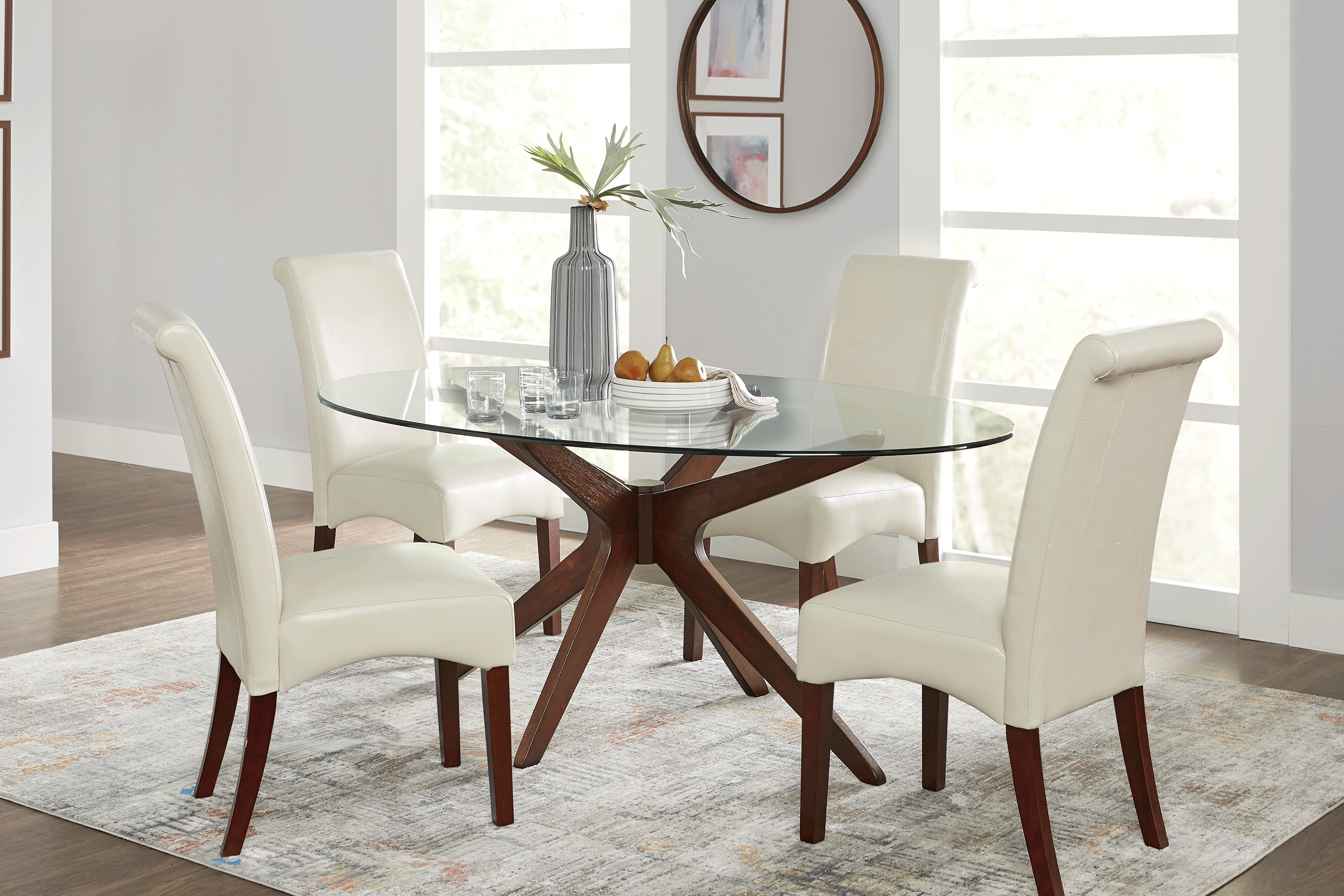 Delmon Walnut 5 Pc Oval Dining Set with Ivory Chairs - Thumbnail - Image 1