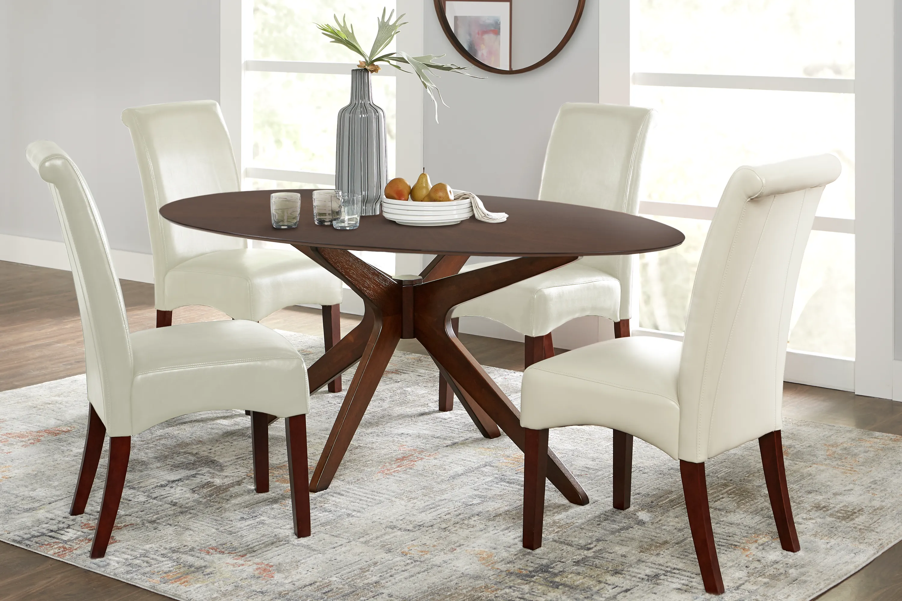 Delmon Walnut 5 Pc Oval Dining Set with Ivory Chairs - Thumbnail - Image 1