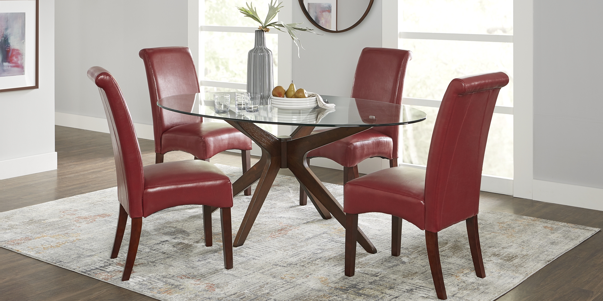 Delmon Walnut 5 Pc Oval Dining Set with Red Chairs - Thumbnail - Image 1