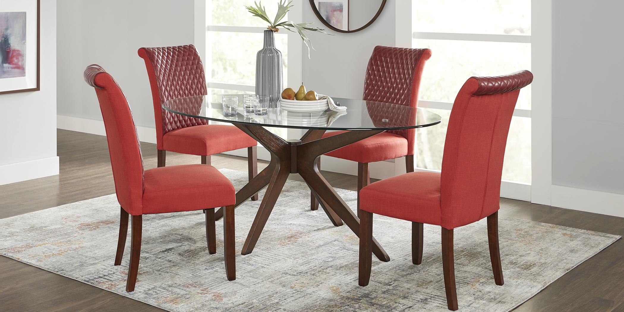Delmon Walnut 5 Pc Oval Dining Set with Red Chairs - Thumbnail - Image 1