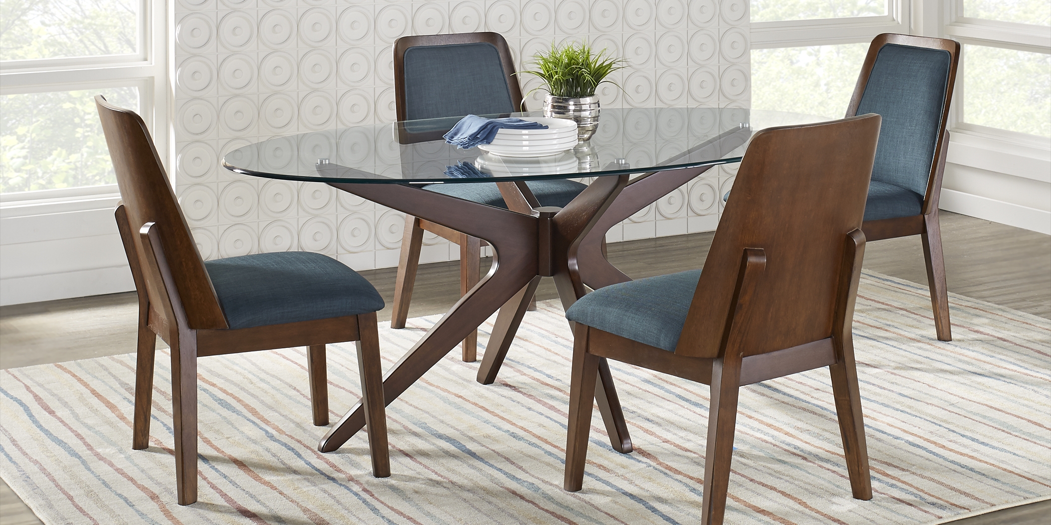 Delmon Walnut 5 Pc Oval Dining Set with Sapphire Chairs - Thumbnail - Image 1