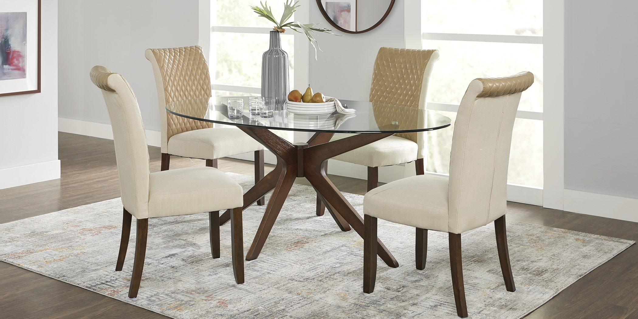 Delmon Walnut 5 Pc Oval Dining Set with Tan Chairs - Thumbnail - Image 1