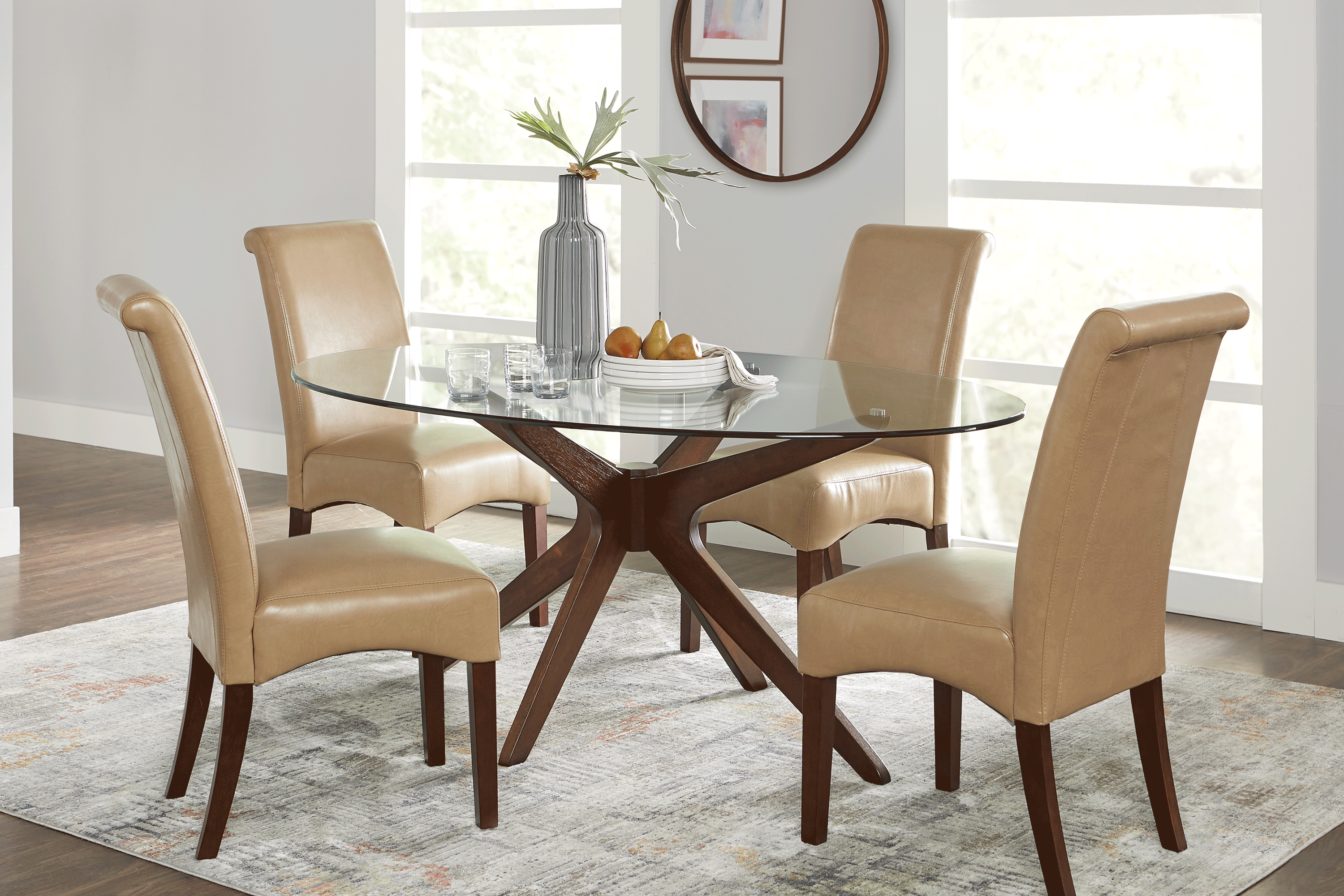 Delmon Walnut 5 Pc Oval Dining Set with Tan Chairs - Thumbnail - Image 1