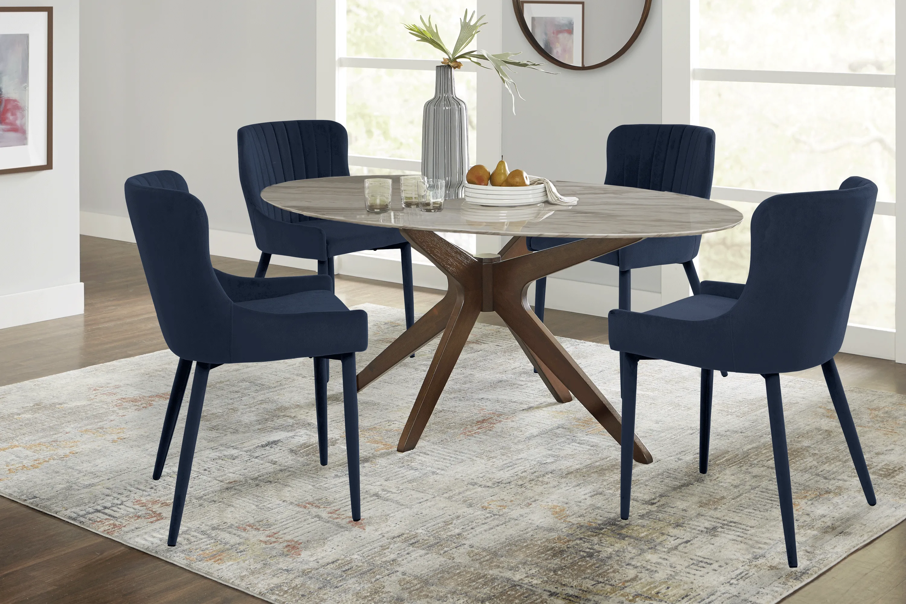 Delmon White 5 Pc Oval Dining Set with Navy Side Chairs - Thumbnail - Image 1