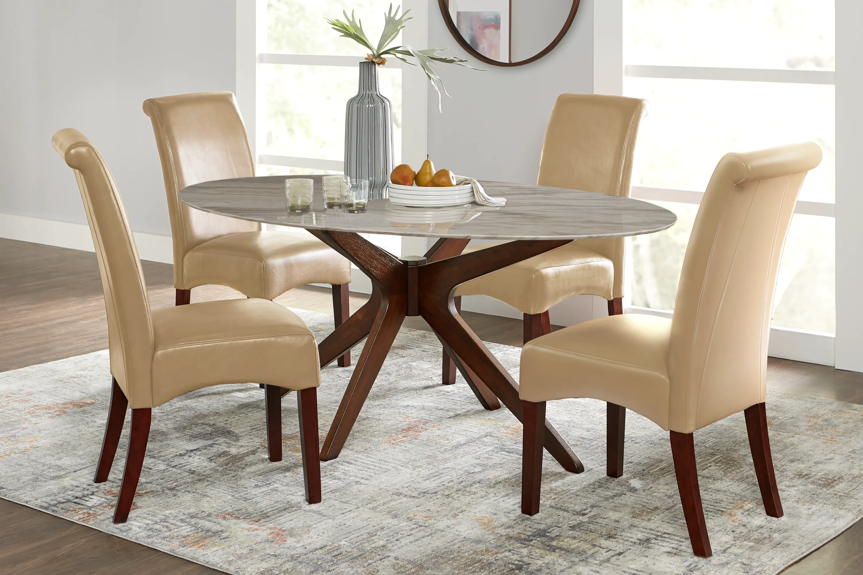 Delmon White 5 Pc Oval Dining Set with Tan Chairs - Thumbnail - Image 1