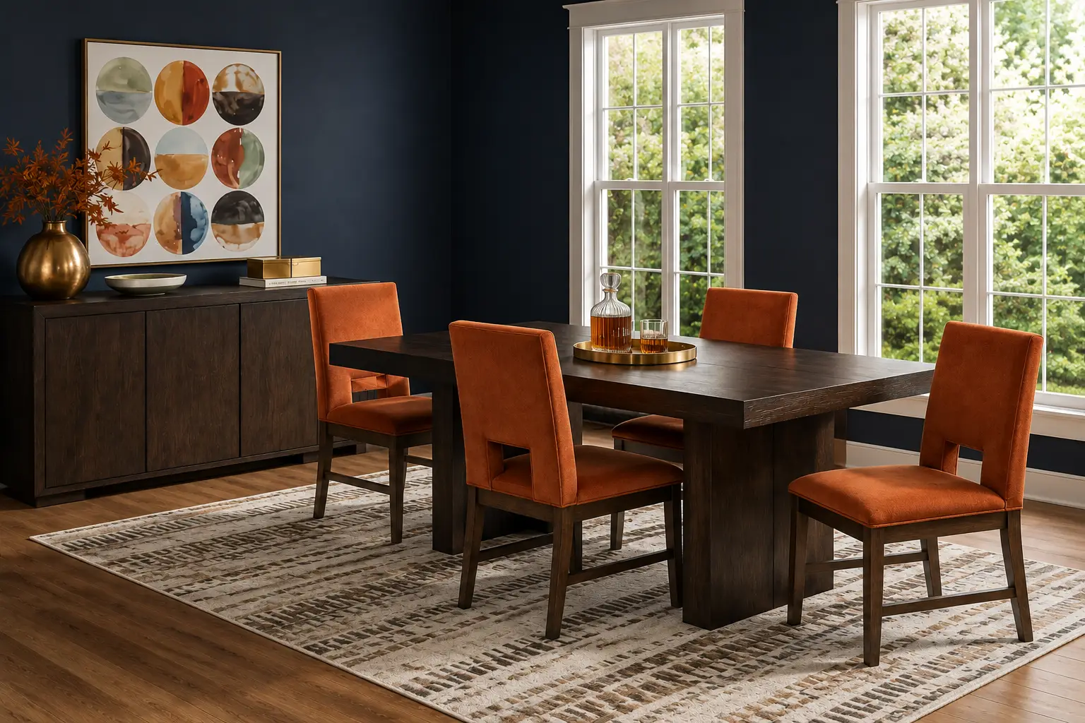 A modern dining room with a dark wood table, four orange upholstered chairs, a matching sideboard, and abstract wall art.
