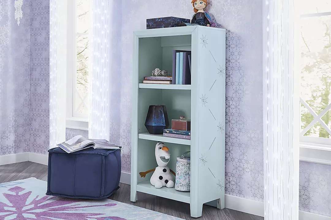 Light blue bookshelf with Frozen-themed decorations and books.
