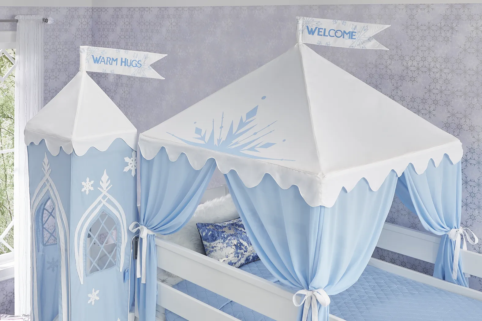 Disney Frozen White Twin Loft Bed with Activity Panel, Tower, Tent and Slide - Image 5
