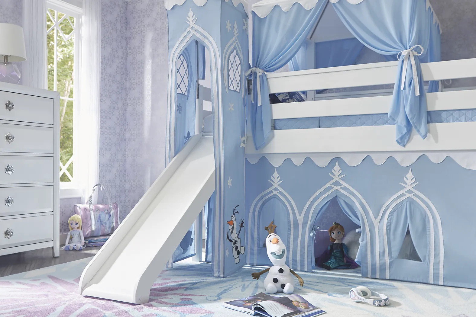Disney Frozen White Twin Loft Bed with Activity Panel, Tower, Tent and Slide - Image 6